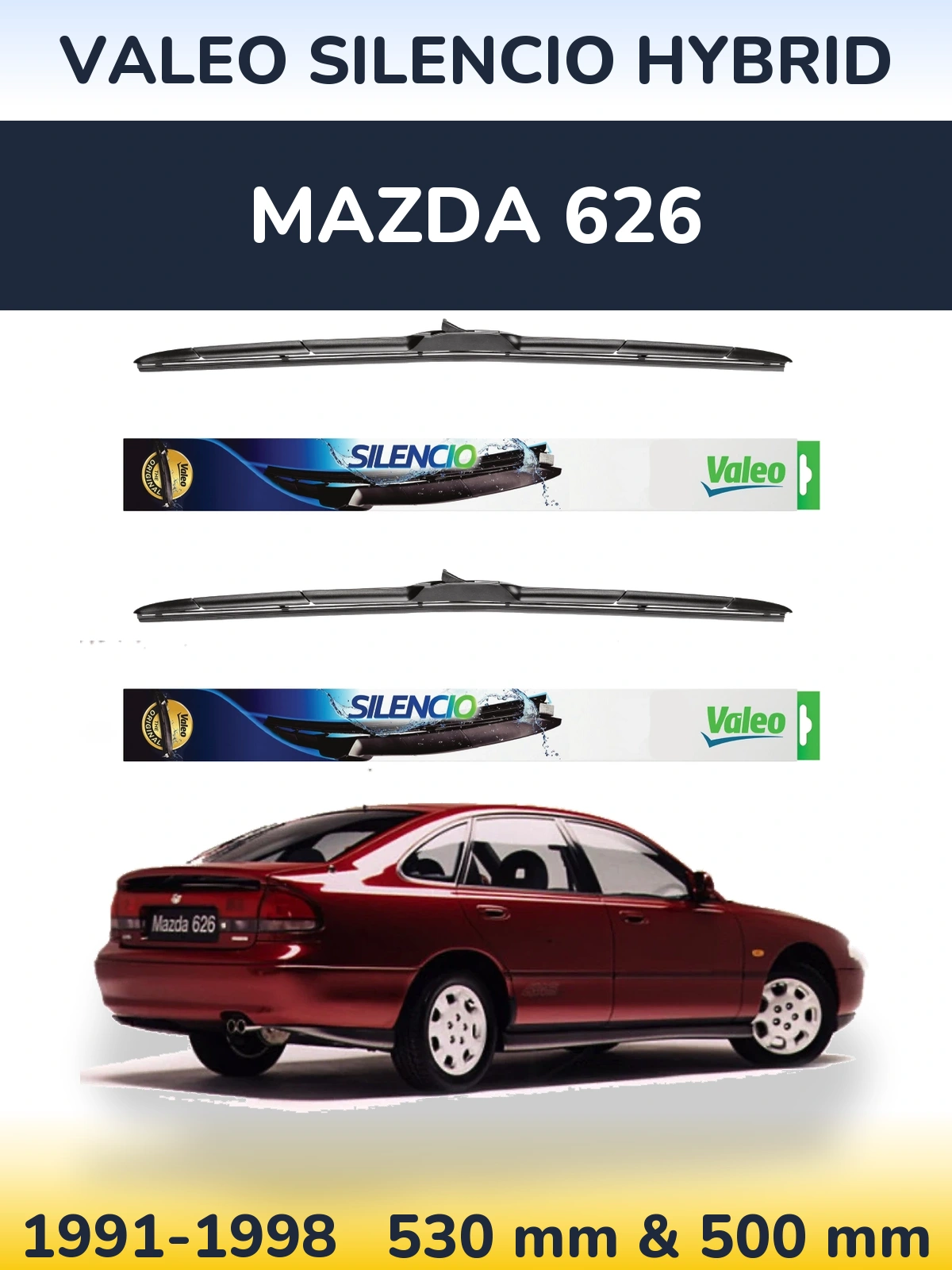 Sada předních stěračů Valeo Silencio Hybrid 530 a 500 mm pro Mazda 626 1991-1998