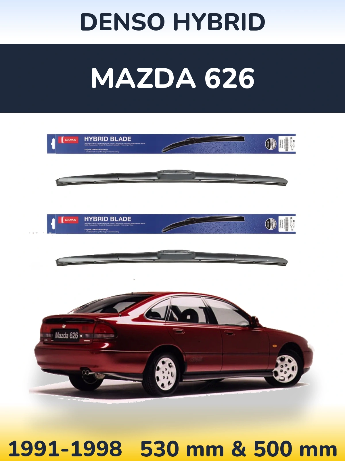 Sada předních stěračů Denso Hybrid 530 a 500 mm pro Mazda 626 1991-1998
