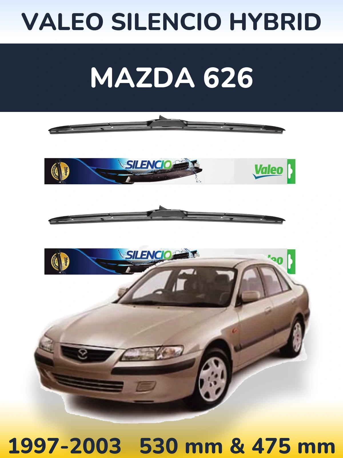 Sada předních stěračů Valeo Silencio Hybrid 530 a 475 mm pro Mazda 626 1997-2003