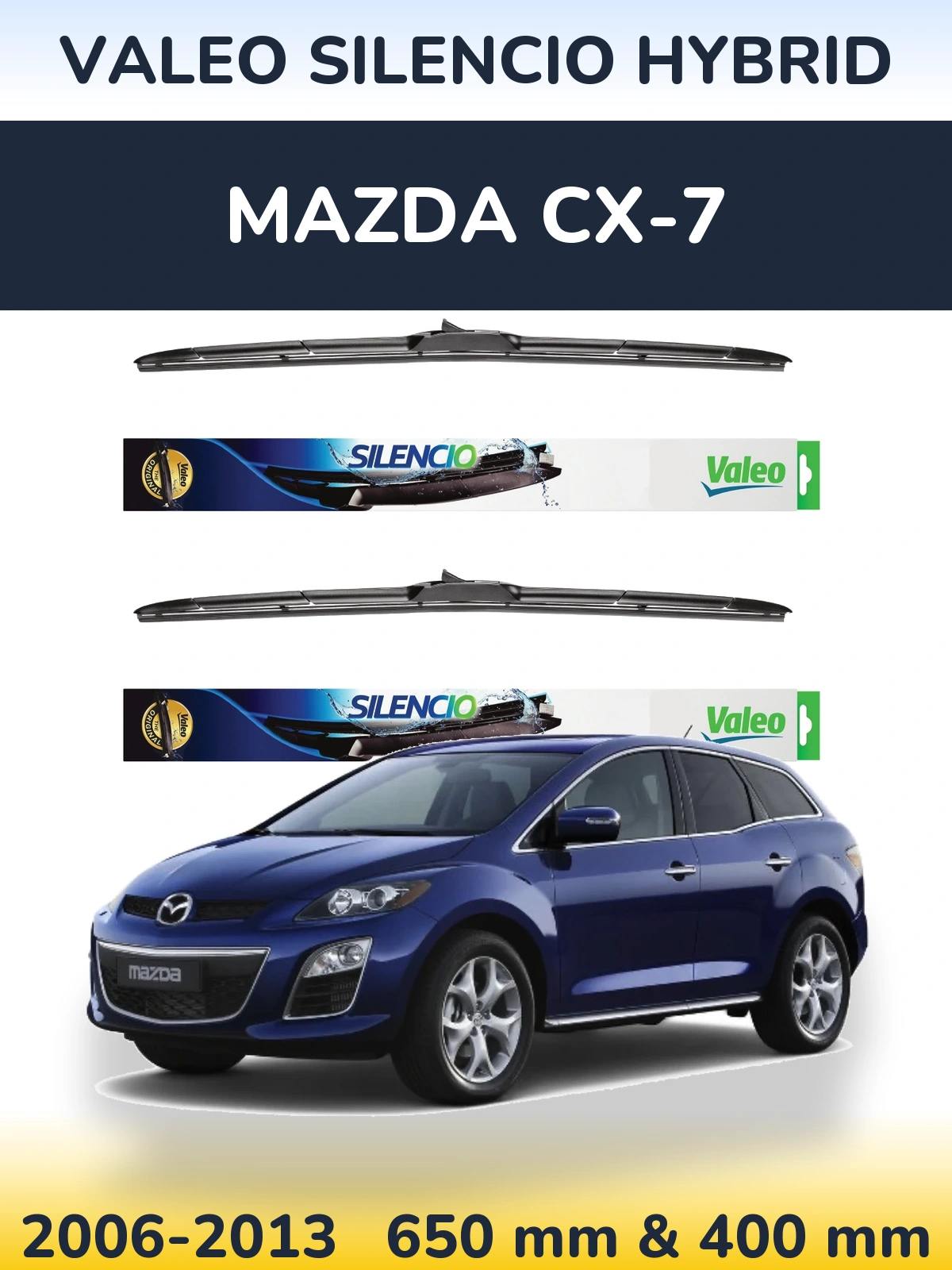 Sada předních stěračů Valeo Silencio Hybrid 650 a 400 mm pro Mazda CX-7 2006-2013