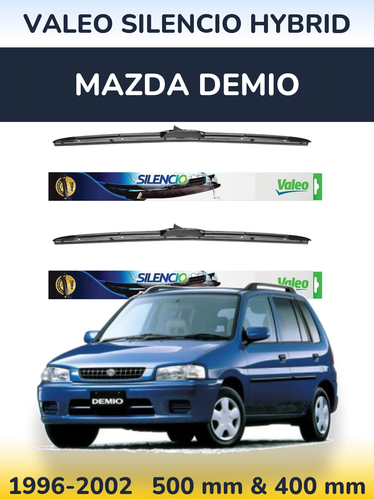 Sada předních stěračů Valeo Silencio Hybrid 500 a 400 mm pro Mazda Demio 1996-2002