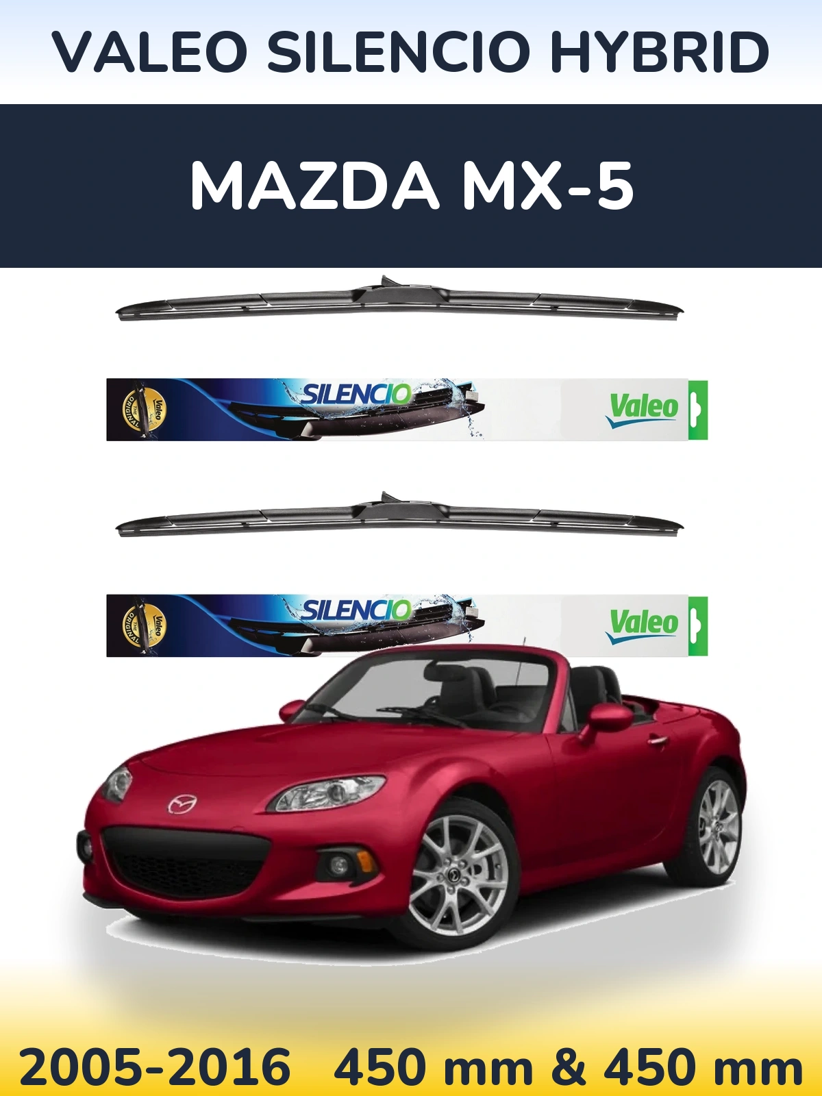 Sada předních stěračů Valeo Silencio Hybrid 450 a 450 mm pro Mazda MX-5 2005-2016