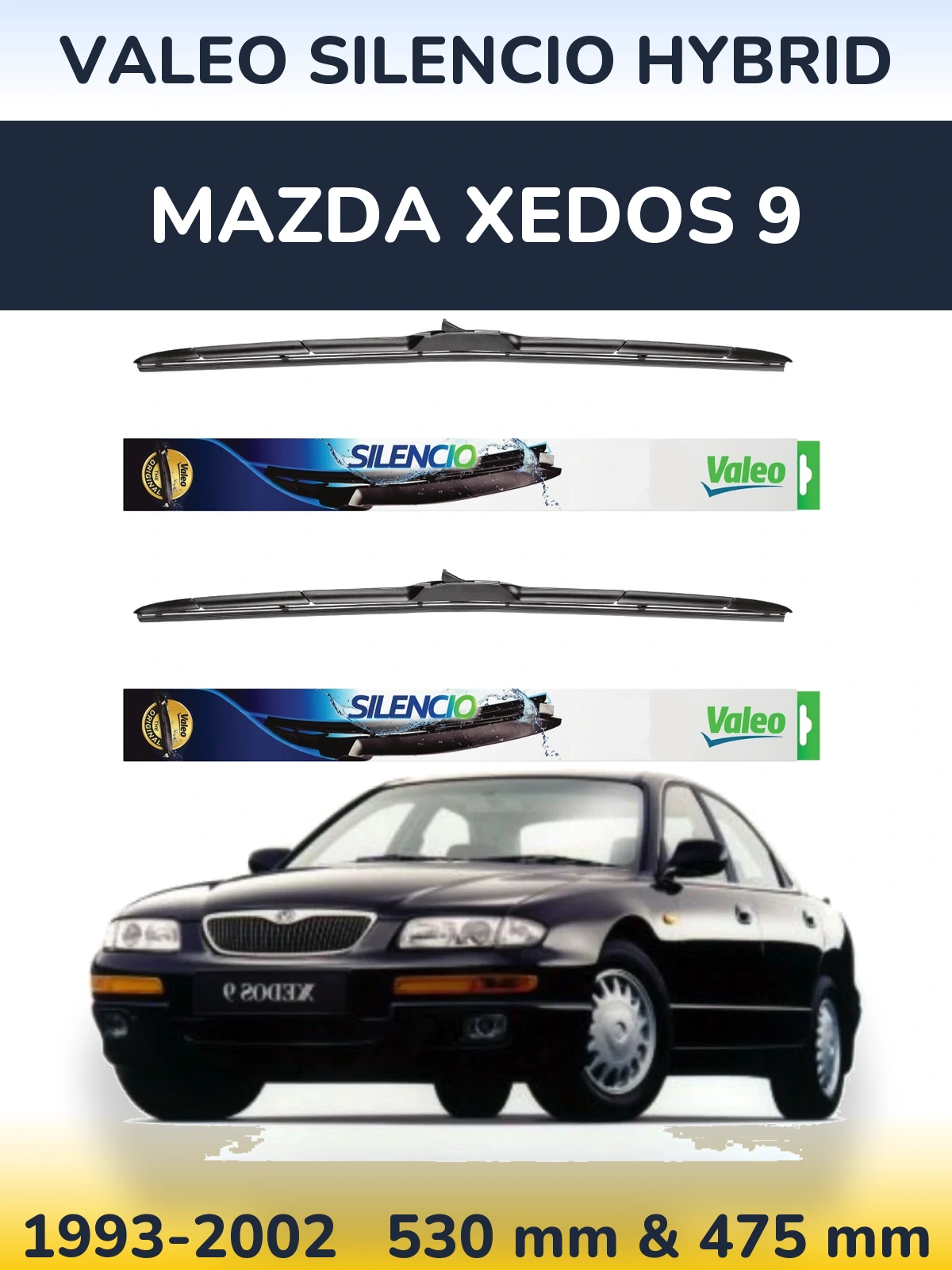 Sada předních stěračů Valeo Silencio Hybrid 530 a 475 mm pro Mazda Xedos 9 1993-2002