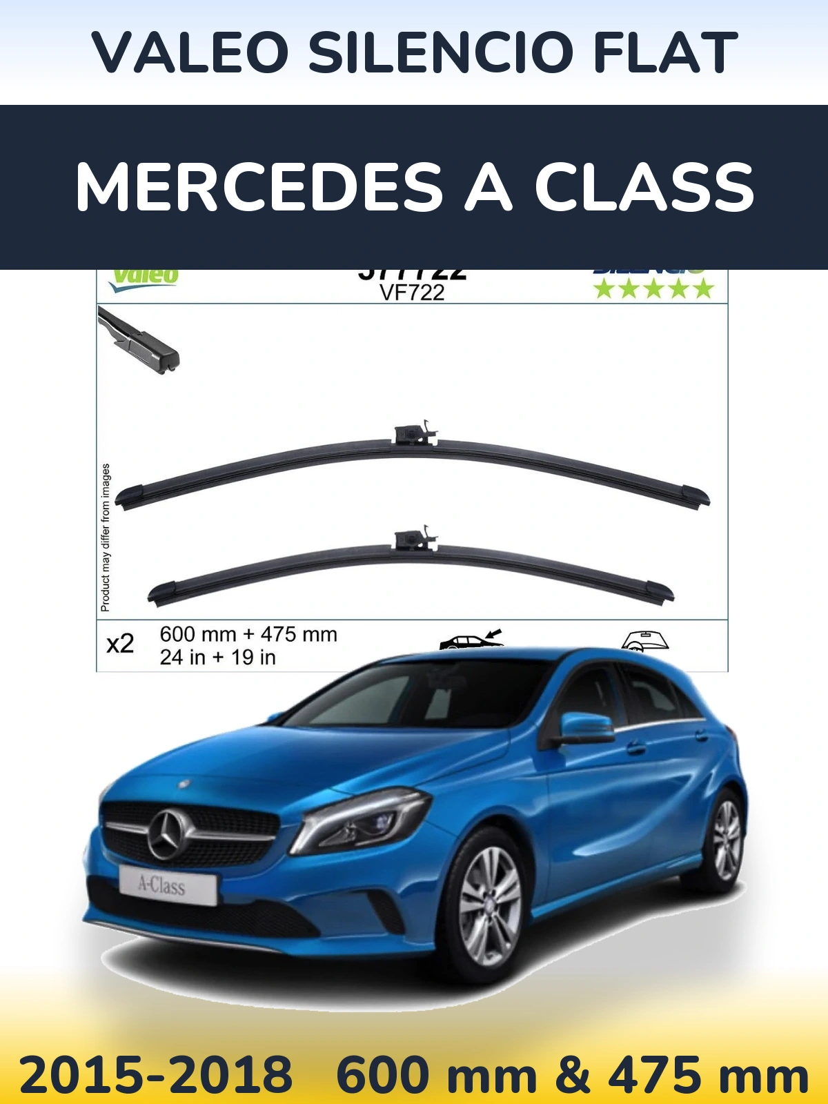 Sada předních stěračů Valeo Silencio Flat 600 a 475 mm pro Mercedes A Class 2015-2018