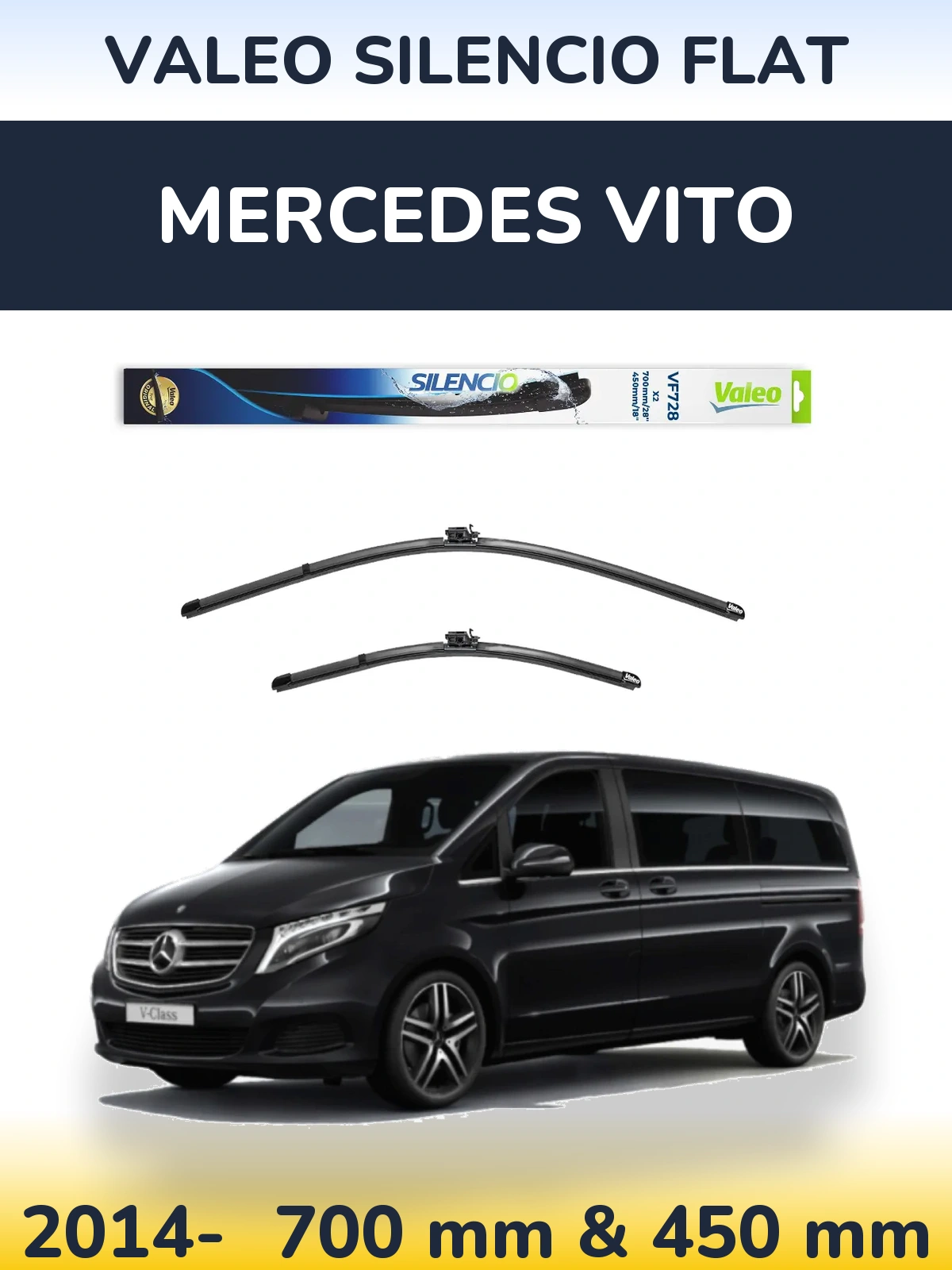 Sada předních stěračů Valeo Silencio Flat 700 a 450 mm pro Mercedes Vito 2014-2026