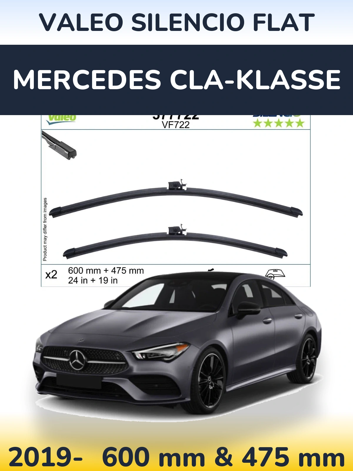 Sada předních stěračů Valeo Silencio Flat 600 a 475 mm pro Mercedes CLA-Klasse 2019-2026