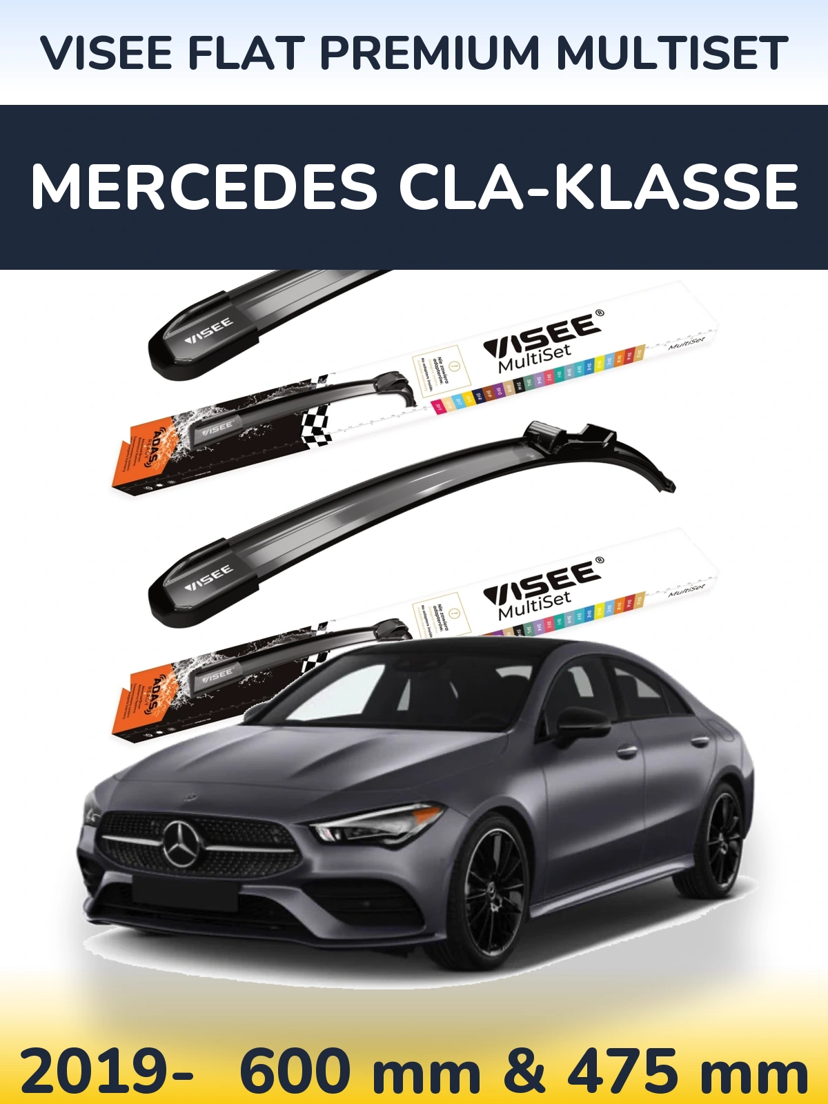 Комплект передніх щіток VISEE FLAT PREMIUM MultiSet 600 & 475 мм для Mercedes CLA-Klasse 2019-2026