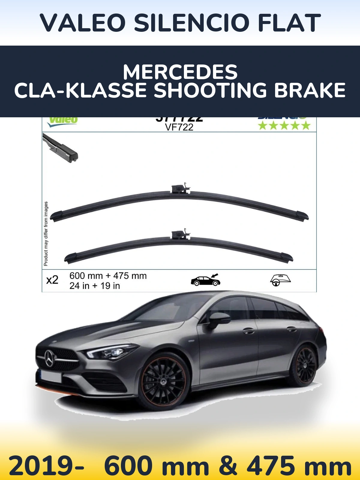 Sada předních stěračů Valeo Silencio Flat 600 a 475 mm pro Mercedes CLA-Klasse Shooting Brake 2019-2026