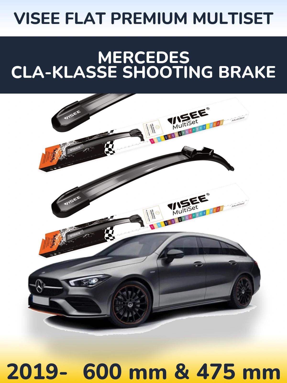 Sada předních stěračů VISEE FLAT PREMIUM MultiSet 600 a 475 mm pro Mercedes CLA-Klasse Shooting Brake 2019-2026