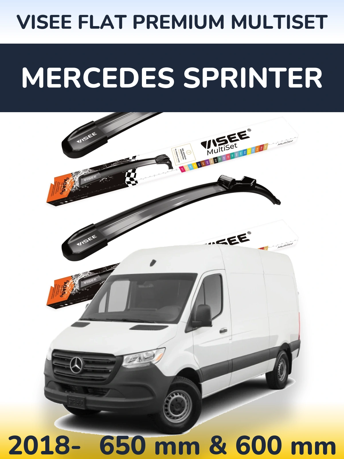 Комплект передніх щіток VISEE FLAT PREMIUM MultiSet 650 & 600 мм для Mercedes Sprinter 2018-2026