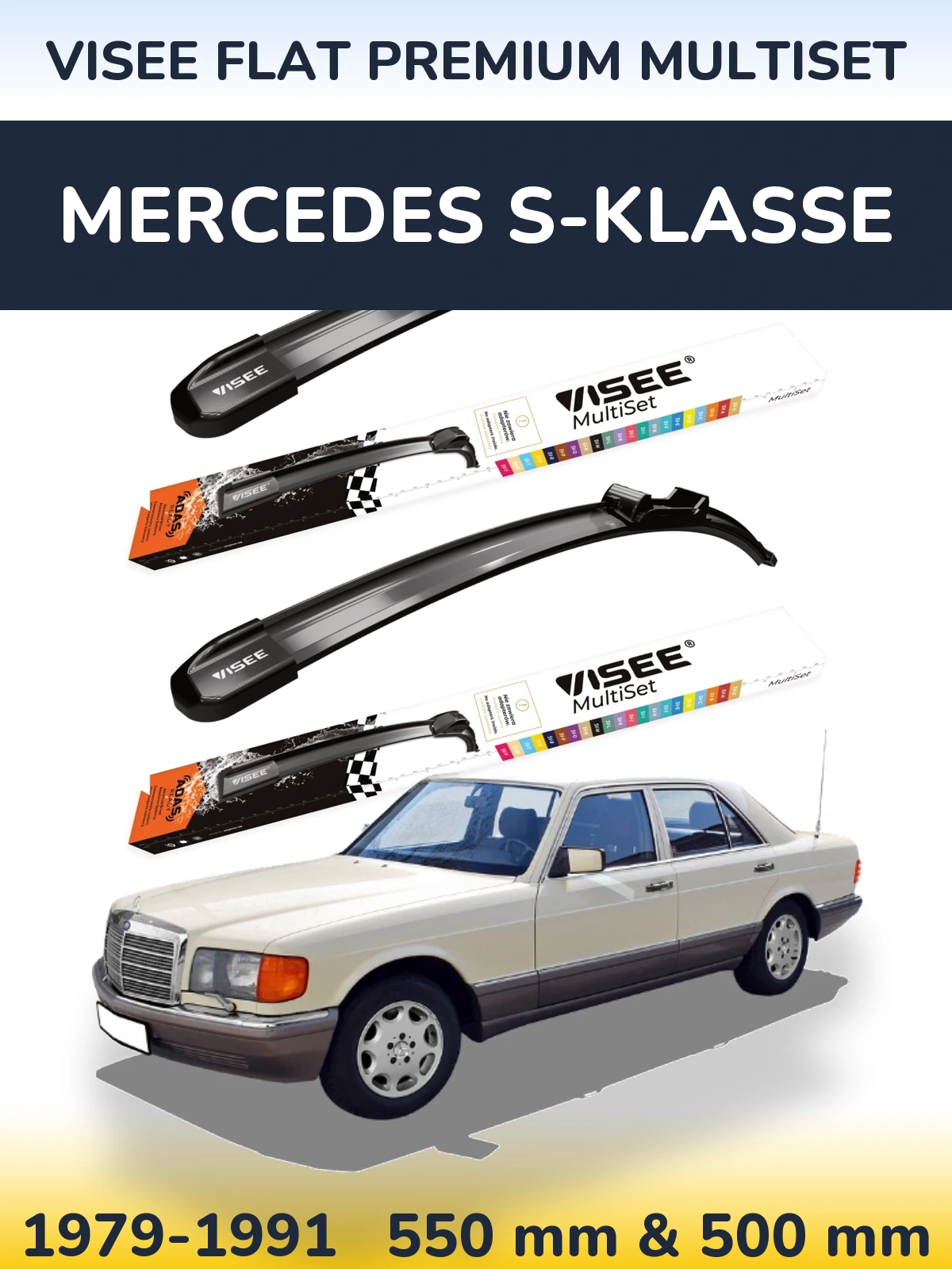 Sada předních stěračů VISEE FLAT PREMIUM MultiSet 550 a 500 mm pro Mercedes S-Klasse 1979-1991