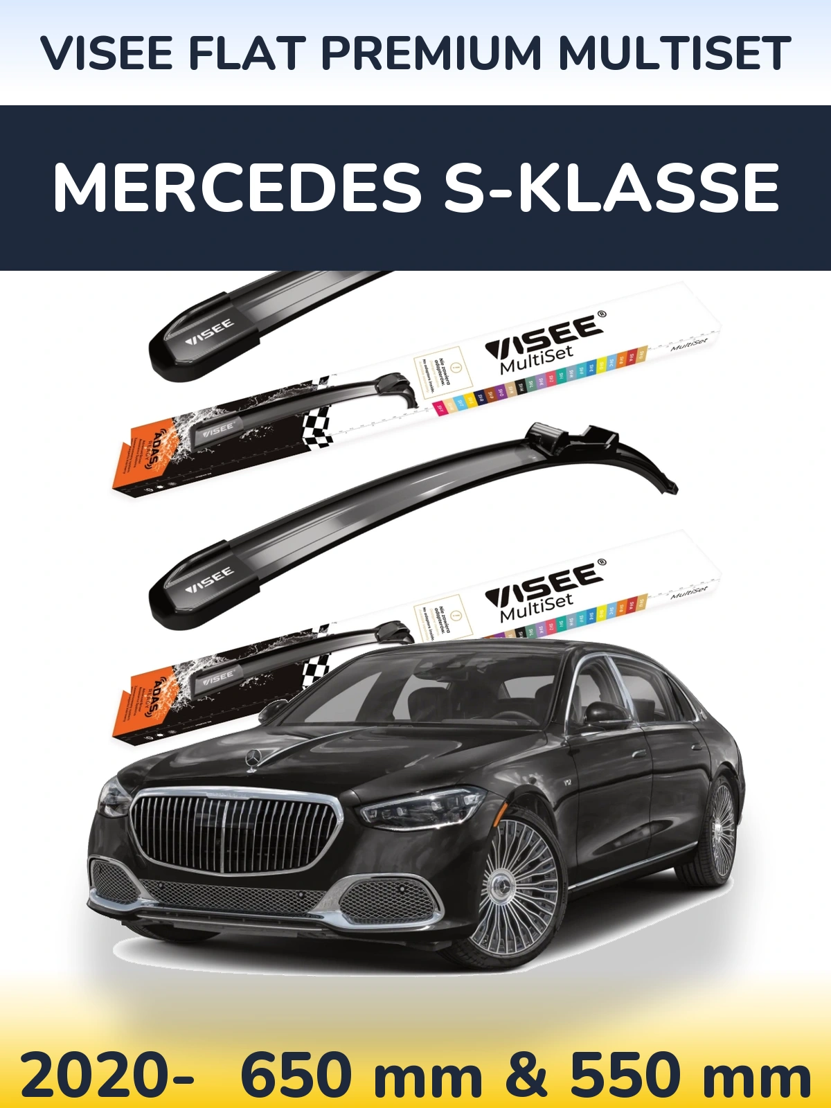 Комплект передніх щіток VISEE FLAT PREMIUM MultiSet 650 & 550 мм для Mercedes S-Klasse 2020-2026