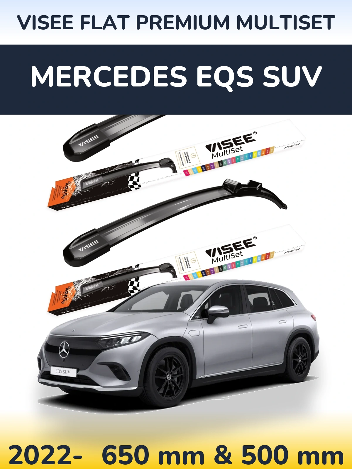 Sada předních stěračů VISEE FLAT PREMIUM MultiSet 650 a 500 mm pro Mercedes EQS SUV 2022-2026