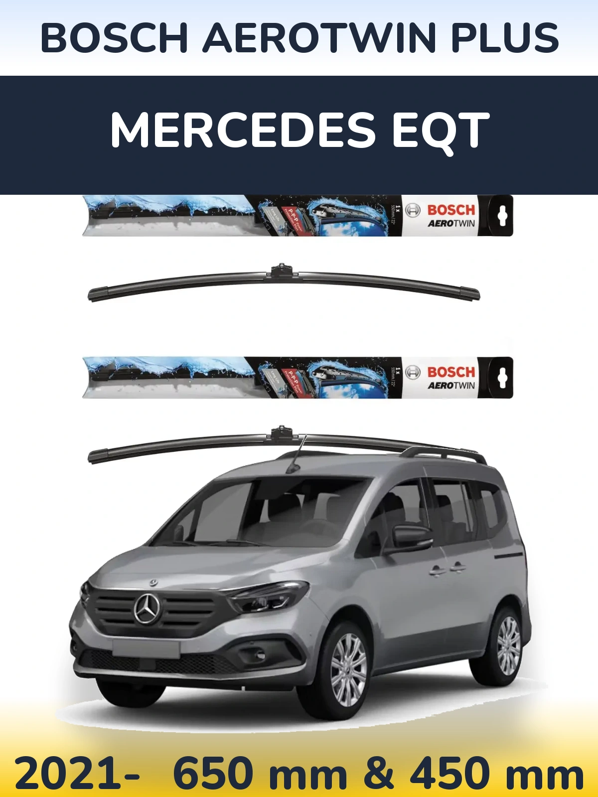 Sada předních stěračů BOSCH AeroTwin Plus 650 a 450 mm pro Mercedes EQT 2021-2026