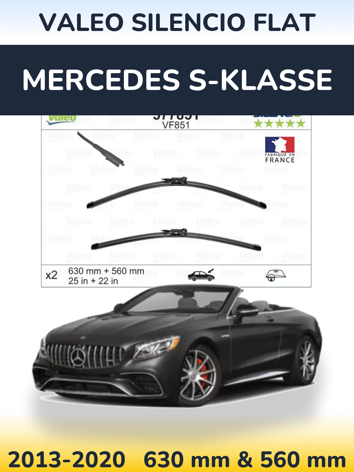 Sada předních stěračů Valeo Silencio Flat 630 a 560 mm pro Mercedes S-Klasse 2013-2020