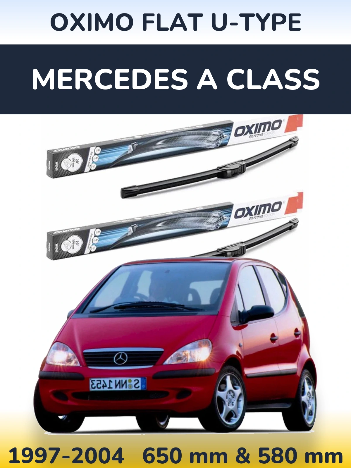 Sada předních stěračů Oximo Flat U-type 650 a 580 mm pro Mercedes A Class 1997-2004
