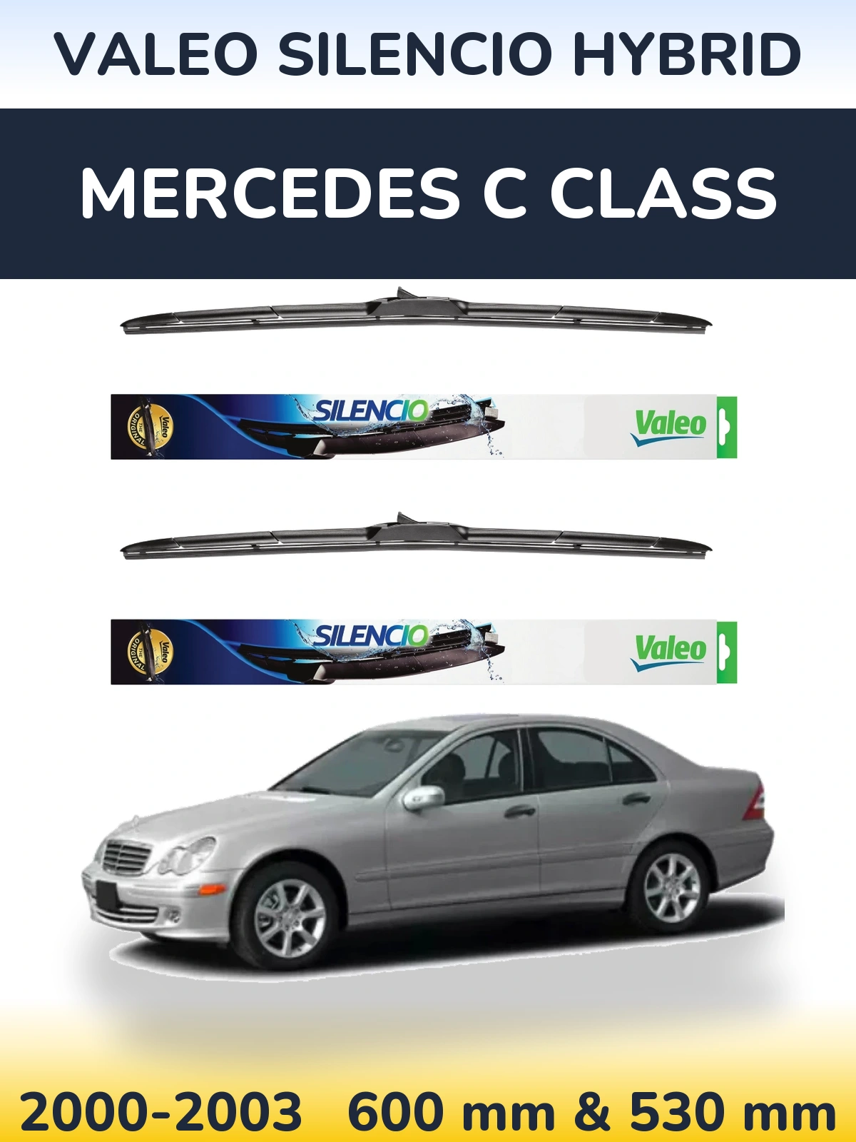 Sada předních stěračů Valeo Silencio Hybrid 600 a 530 mm pro Mercedes C Class 2000-2003