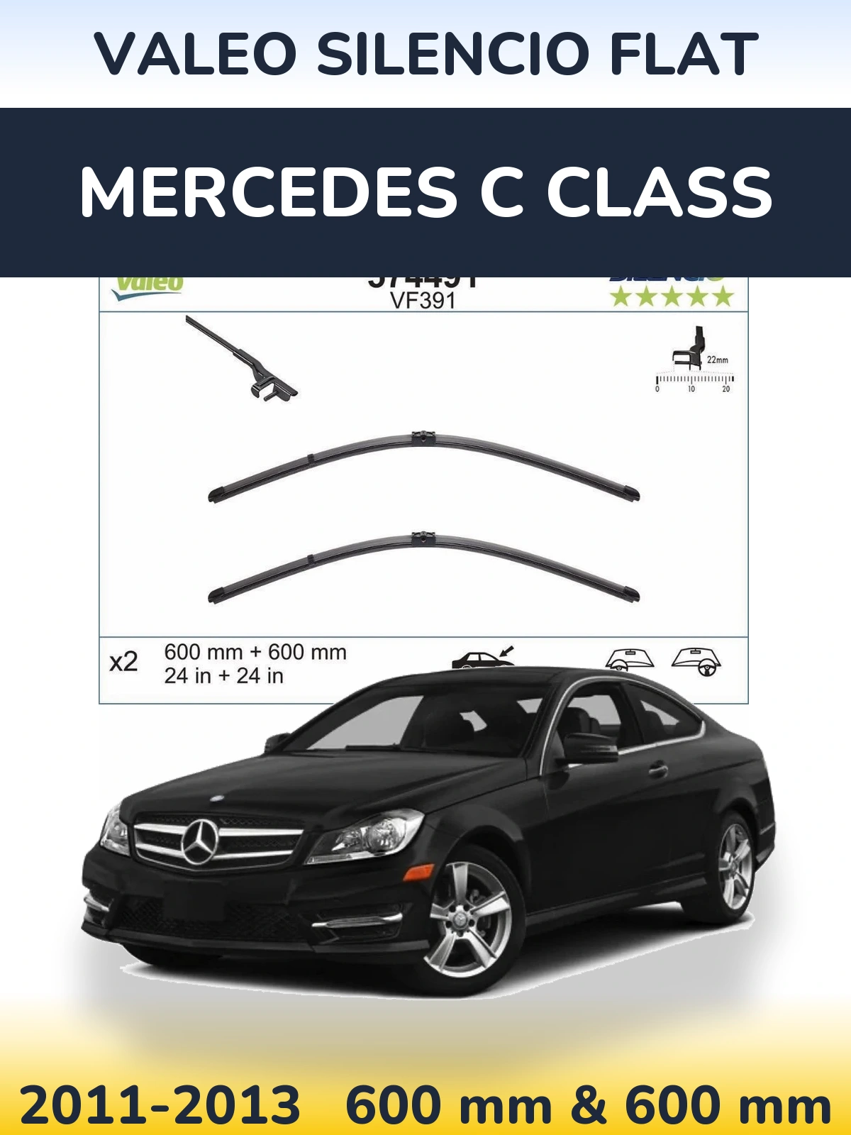 Sada předních stěračů Valeo Silencio Flat 600 a 600 mm pro Mercedes C Class 2011-2013