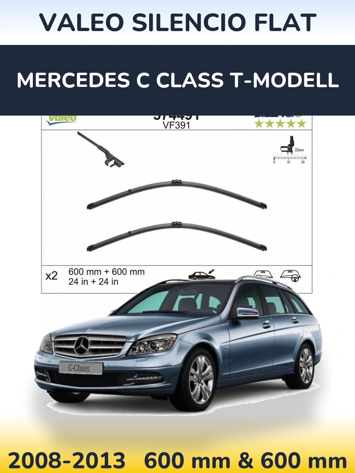 Sada předních stěračů Valeo Silencio Flat 600 a 600 mm pro Mercedes C Class T-Modell 2008-2013