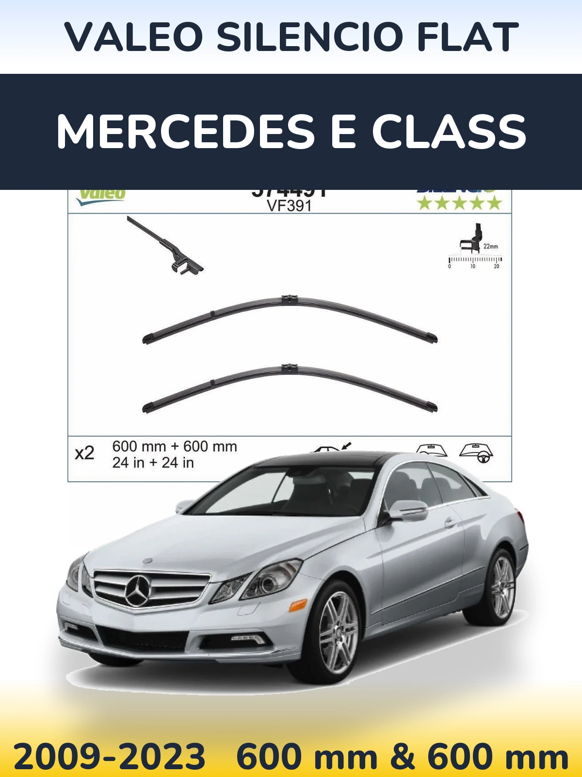 Sada předních stěračů Valeo Silencio Flat 600 a 600 mm pro Mercedes E Class 2009-2023