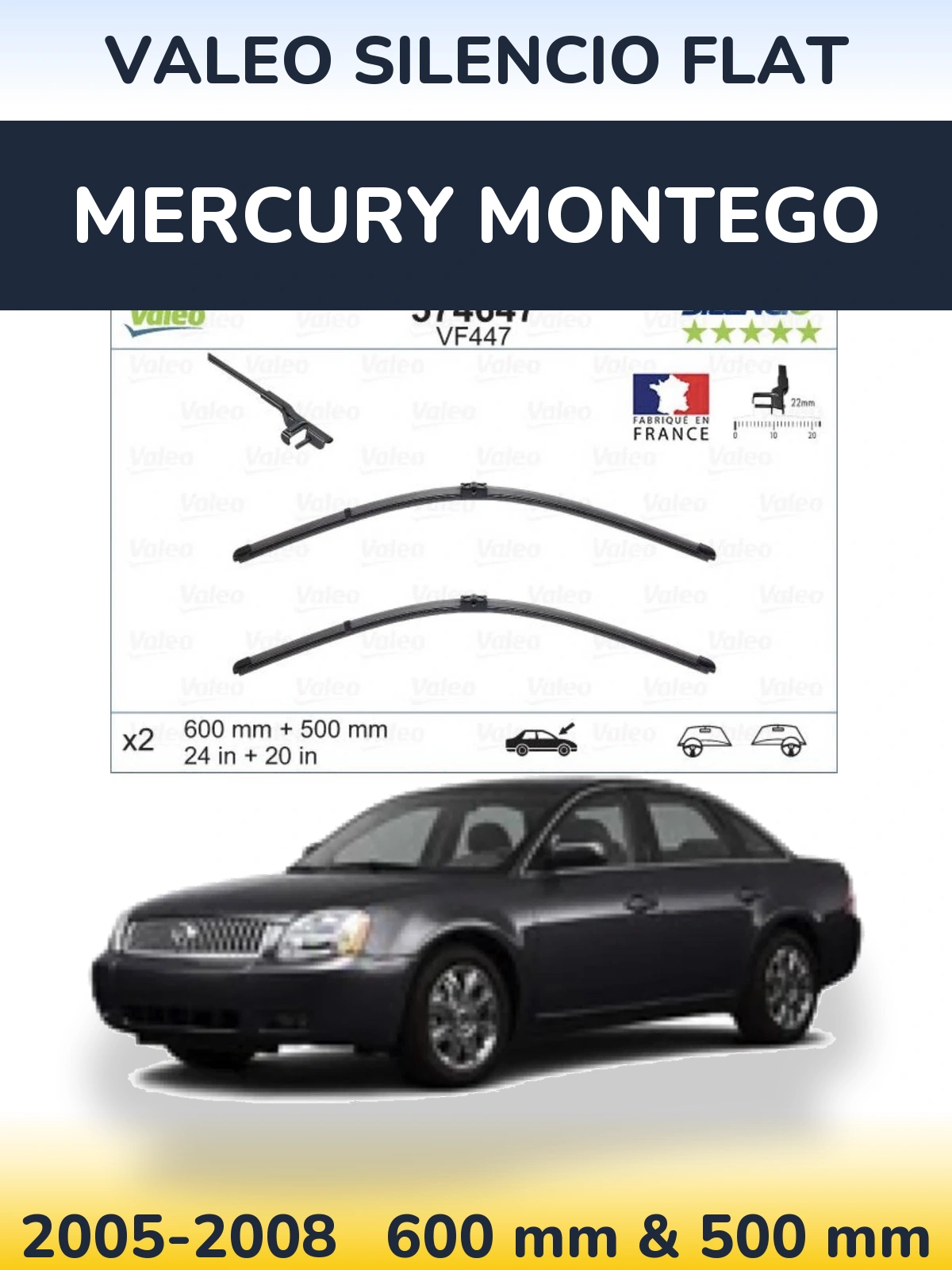 Sada předních stěračů Valeo Silencio Flat 600 a 500 mm pro Mercury Montego 2005-2008