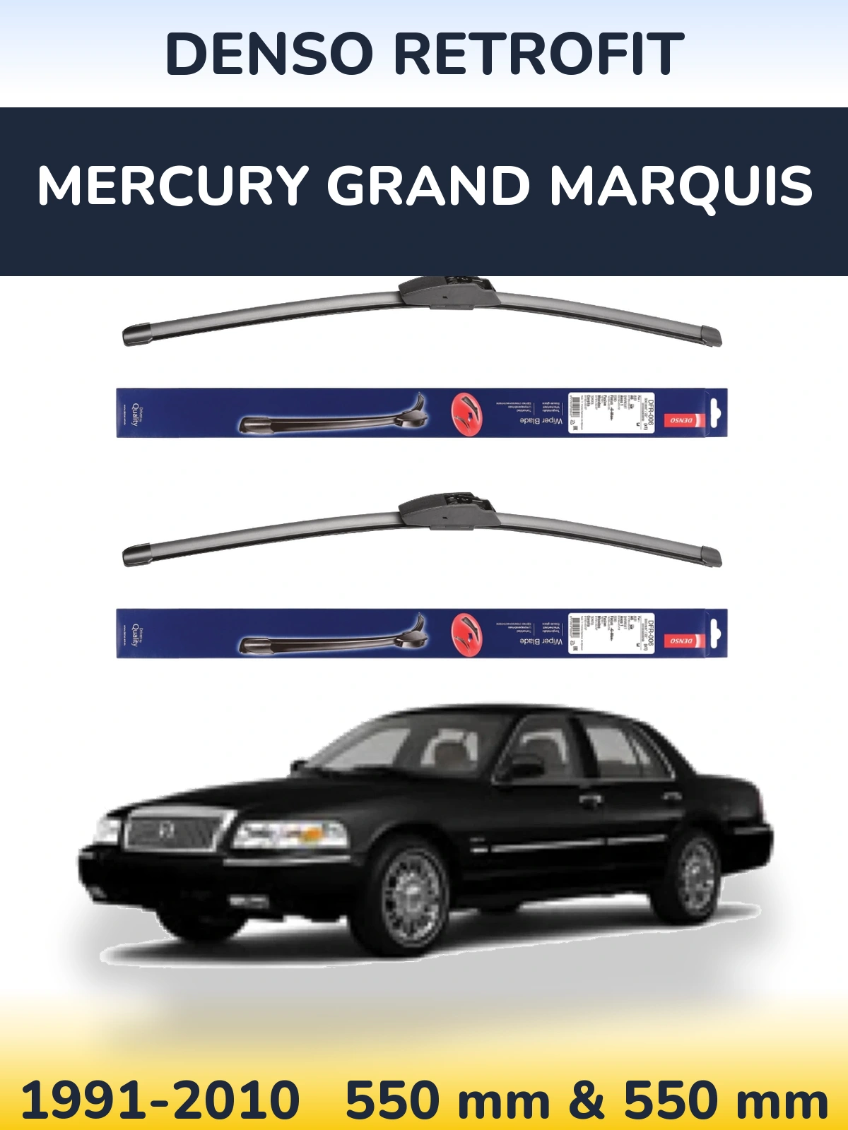Sada předních stěračů Denso Retrofit 550 a 550 mm pro Mercury Grand Marquis 1991-2010