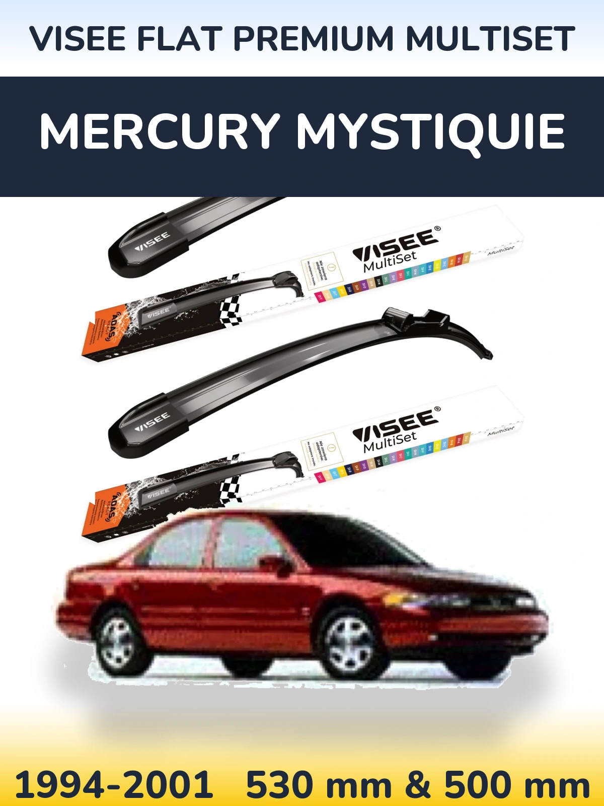 Sada předních stěračů VISEE FLAT PREMIUM MultiSet 530 a 500 mm pro Mercury Mystiquie 1994-2001