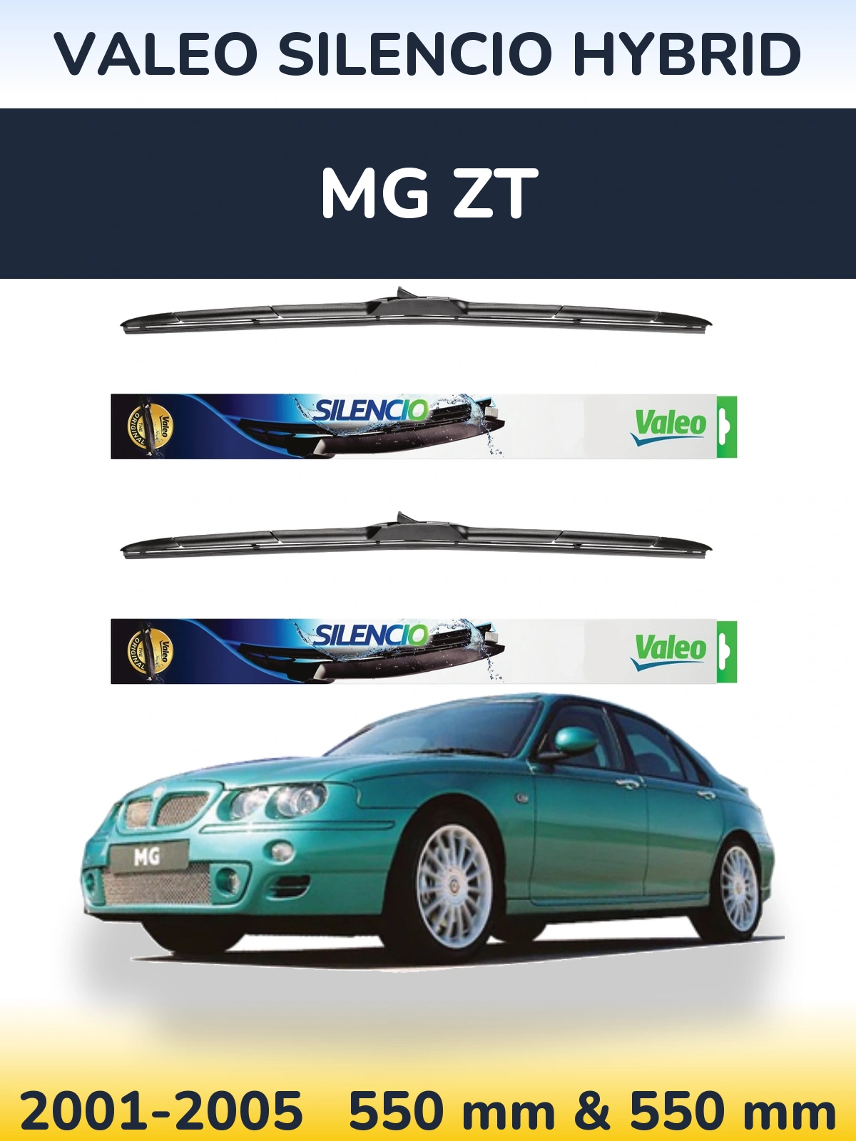 Sada předních stěračů Valeo Silencio Hybrid 550 a 550 mm pro MG ZT 2001-2005