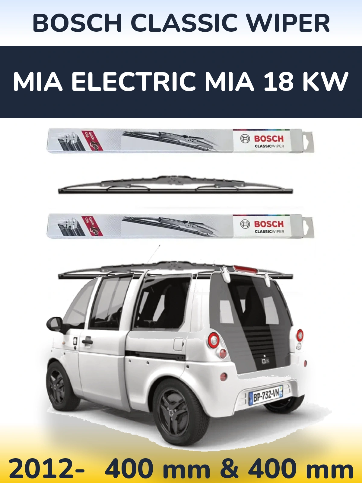 Sada předních stěračů BOSCH Classic Wiper 400 a 400 mm pro MIA Electric mia 18 kw 2012-2026