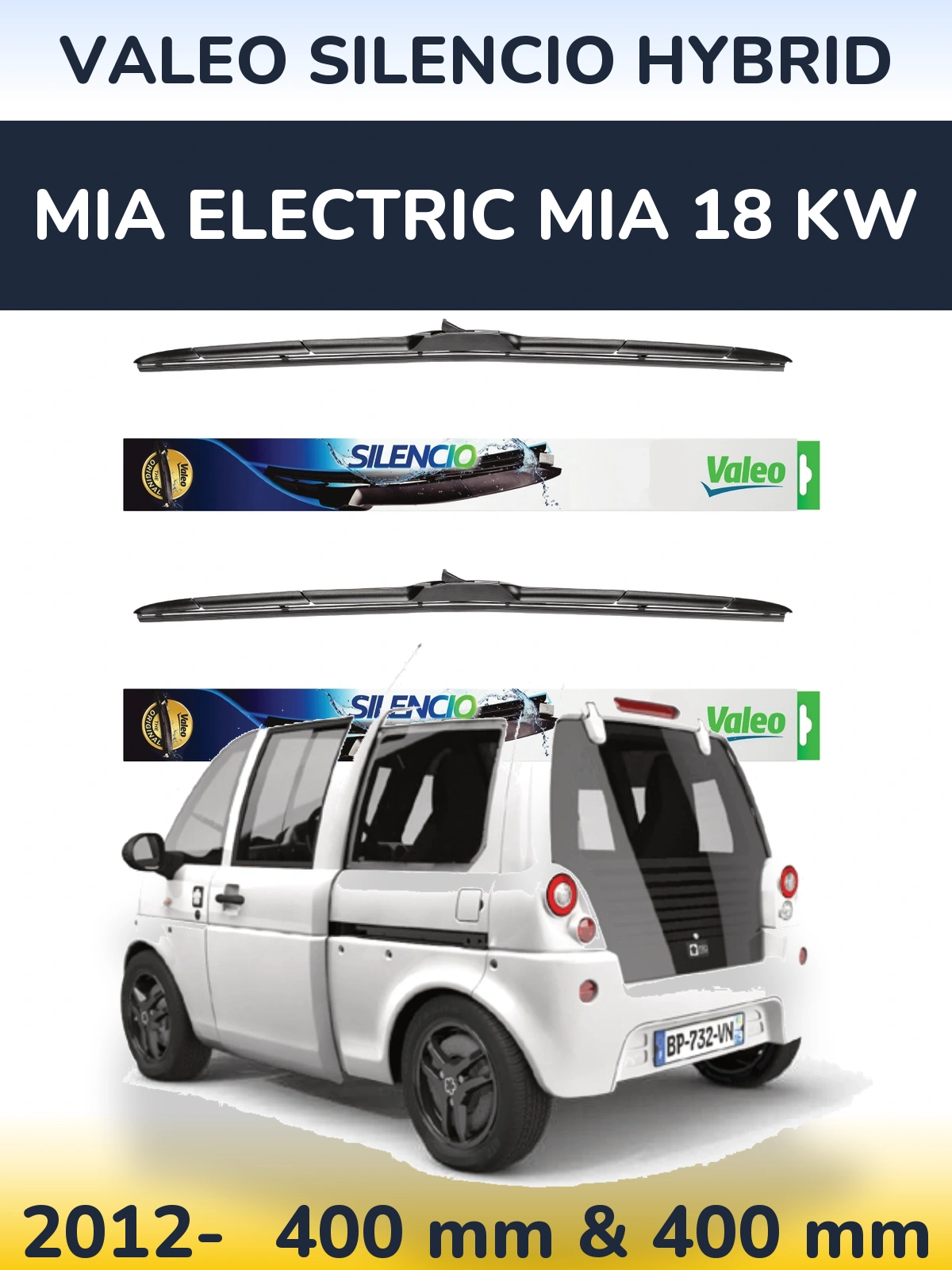 Sada předních stěračů Valeo Silencio Hybrid 400 a 400 mm pro MIA Electric mia 18 kw 2012-2026