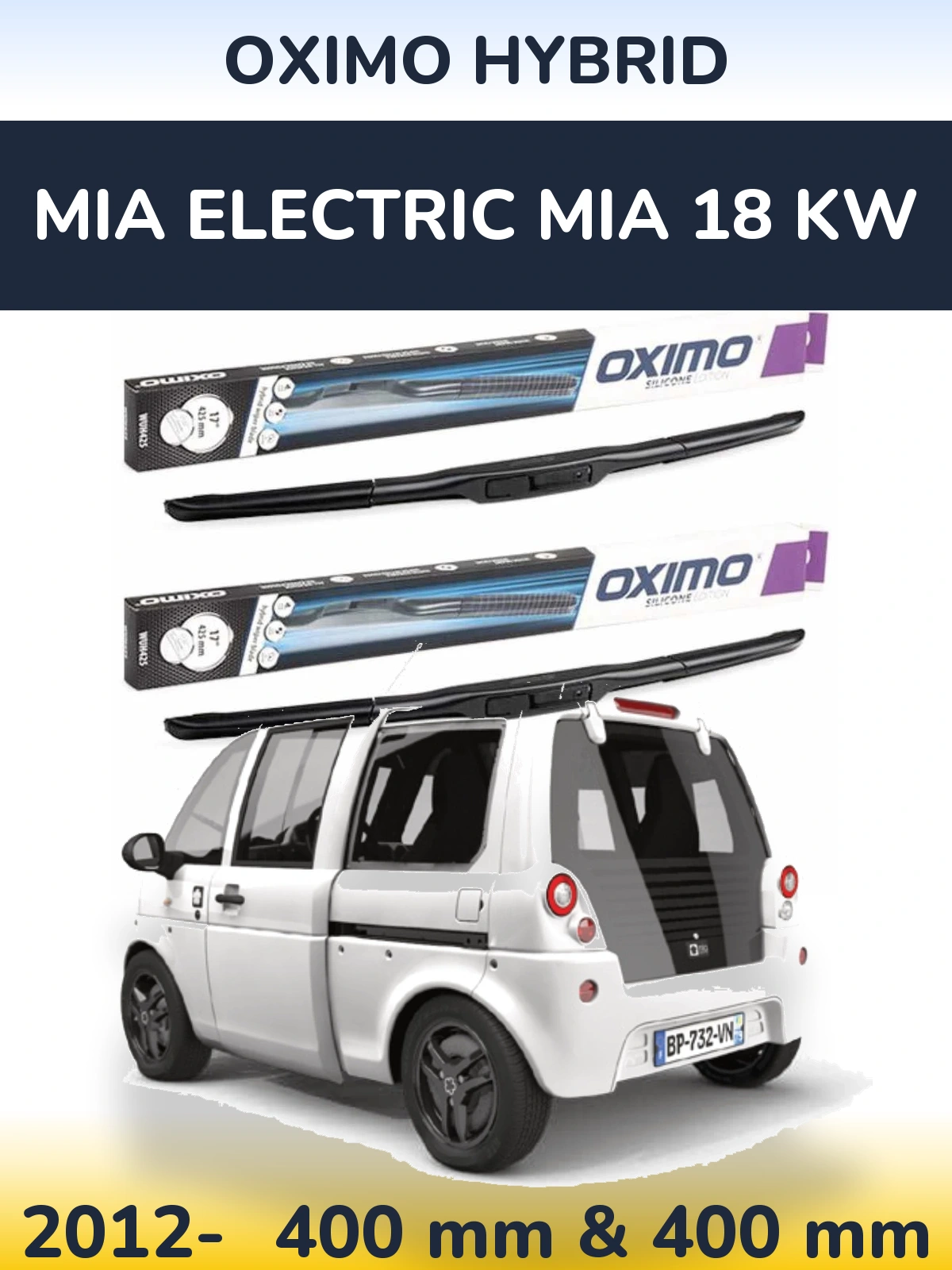 Sada předních stěračů Oximo Hybrid 400 a 400 mm pro MIA Electric mia 18 kw 2012-2026