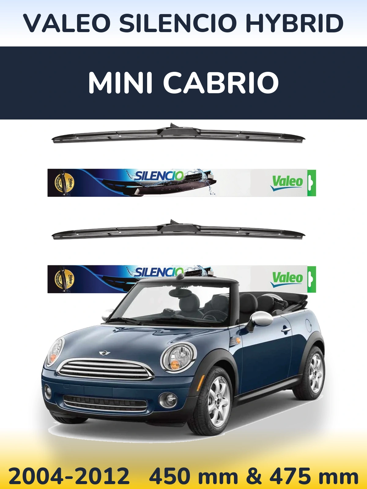 Sada předních stěračů Valeo Silencio Hybrid 450 a 475 mm pro MINI Cabrio 2004-2012