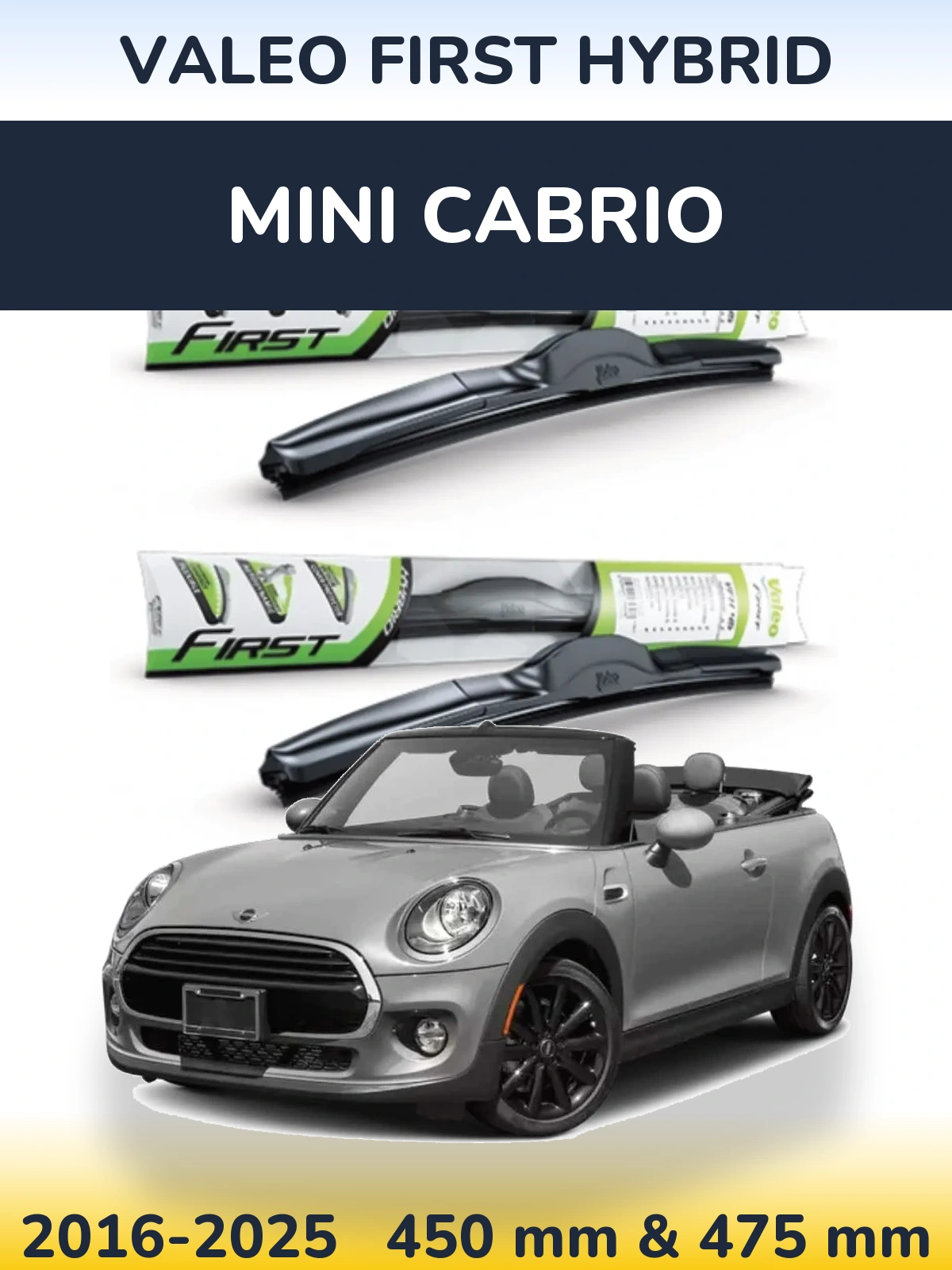 Sada předních stěračů Valeo First Hybrid 450 a 475 mm pro MINI Cabrio 2016-2025