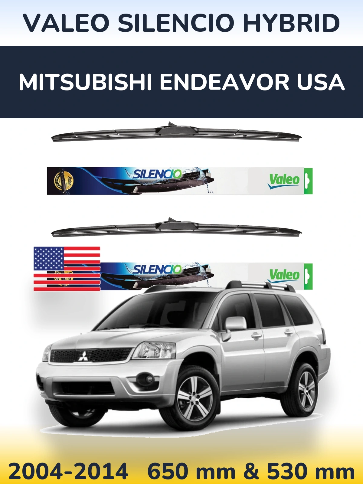 Sada předních stěračů Valeo Silencio Hybrid 650 a 530 mm pro Mitsubishi Endeavor USA 2004-2014
