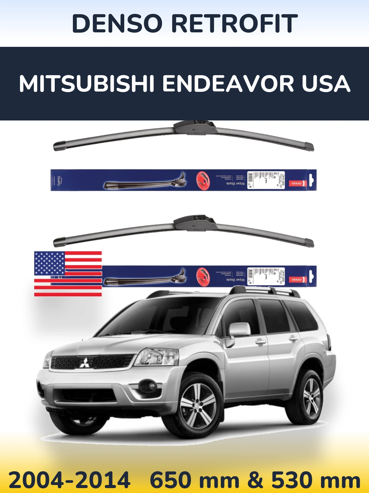 Sada předních stěračů Denso Retrofit 650 a 530 mm pro Mitsubishi Endeavor USA 2004-2014