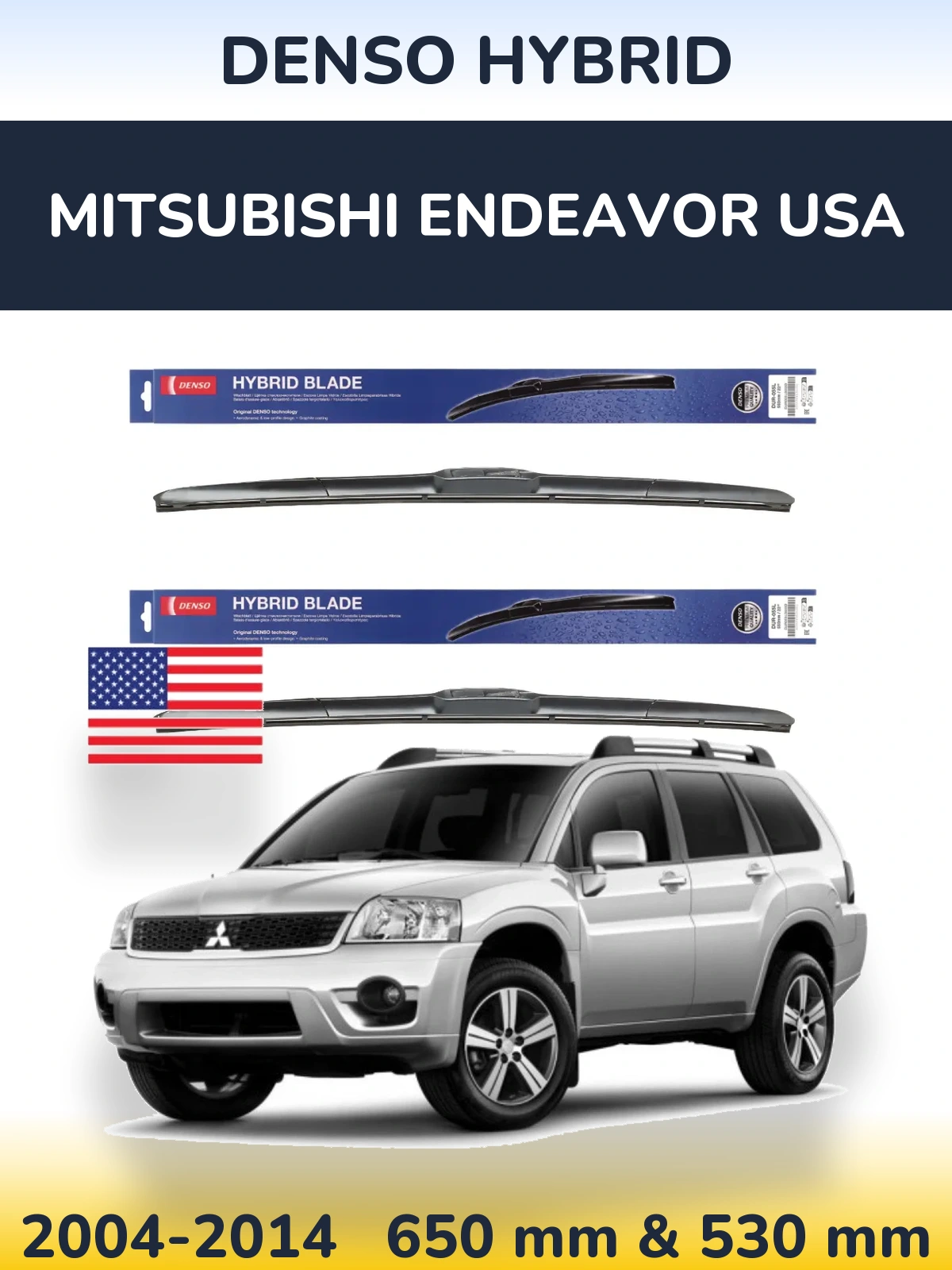 Sada předních stěračů Denso Hybrid 650 a 530 mm pro Mitsubishi Endeavor USA 2004-2014