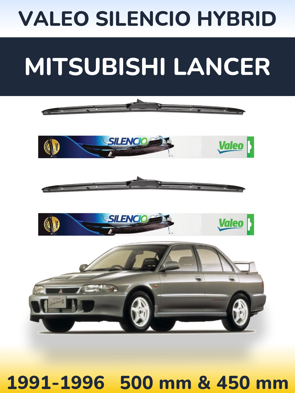 Sada předních stěračů Valeo Silencio Hybrid 500 a 450 mm pro Mitsubishi Lancer 1991-1996