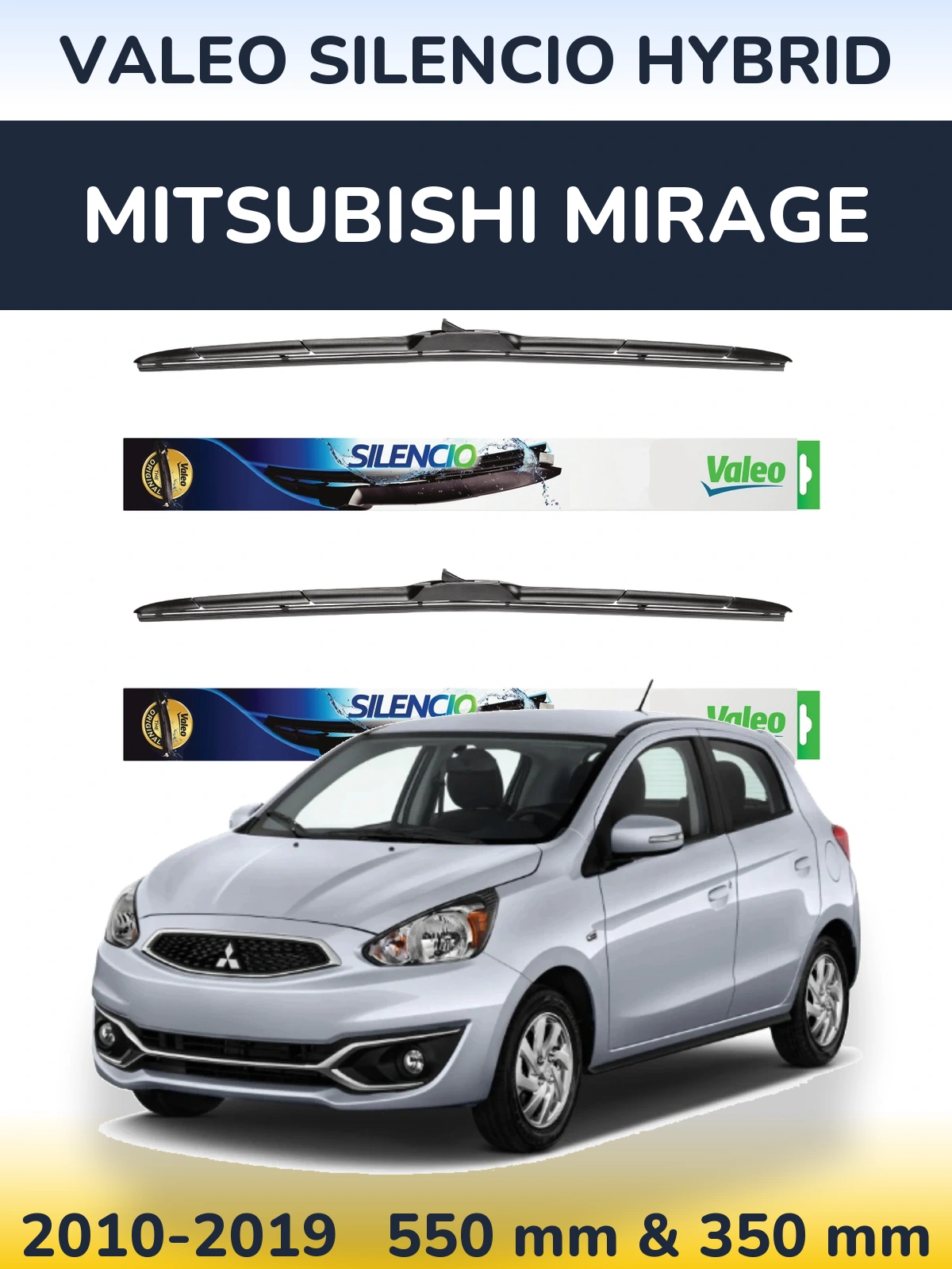 Sada předních stěračů Valeo Silencio Hybrid 550 a 350 mm pro Mitsubishi Mirage 2010-2019
