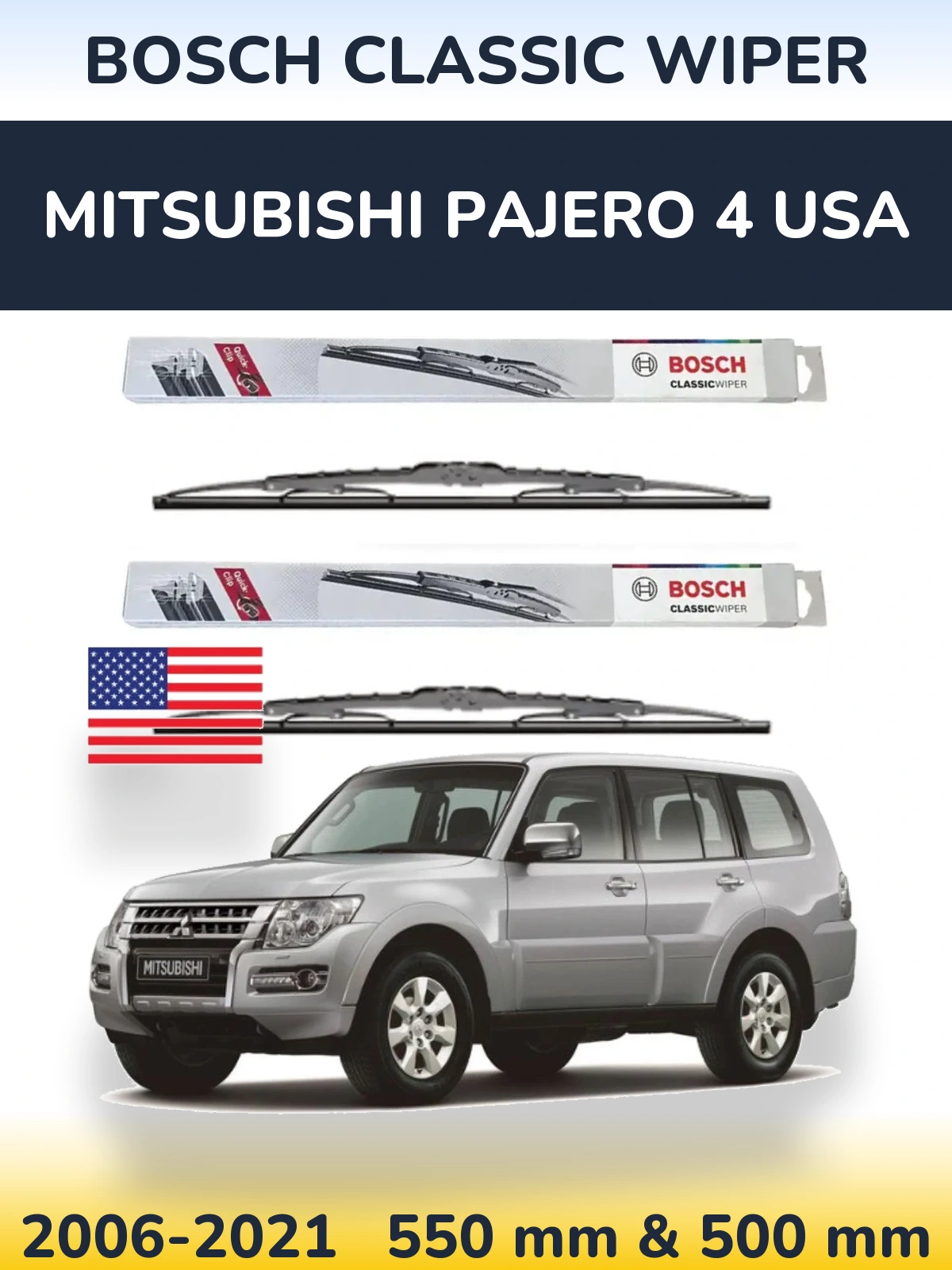 Sada předních stěračů BOSCH Classic Wiper 550 a 500 mm pro Mitsubishi Pajero 4 USA 2006-2021