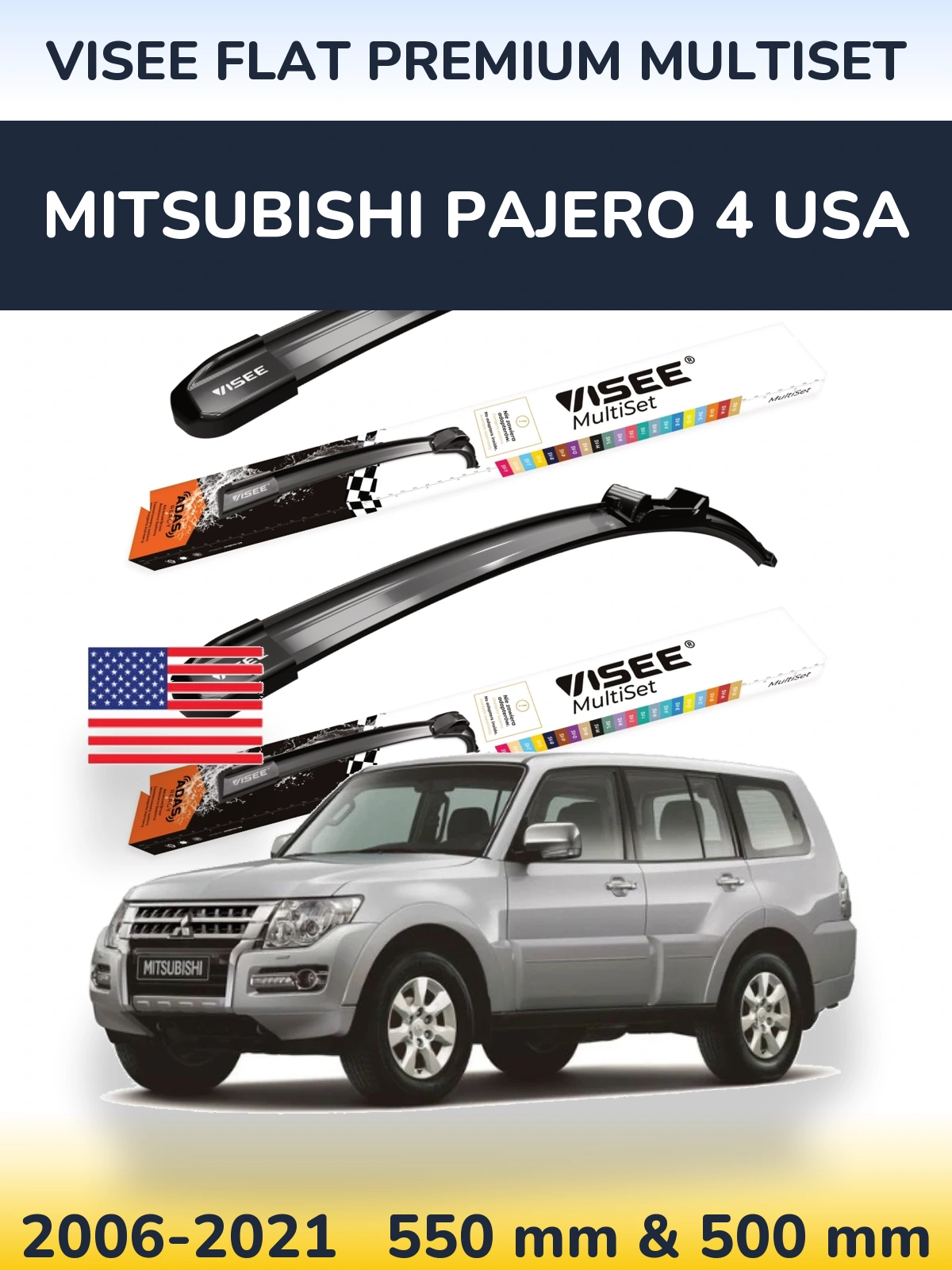 Sada předních stěračů VISEE FLAT PREMIUM MultiSet 550 a 500 mm pro Mitsubishi Pajero 4 USA 2006-2021