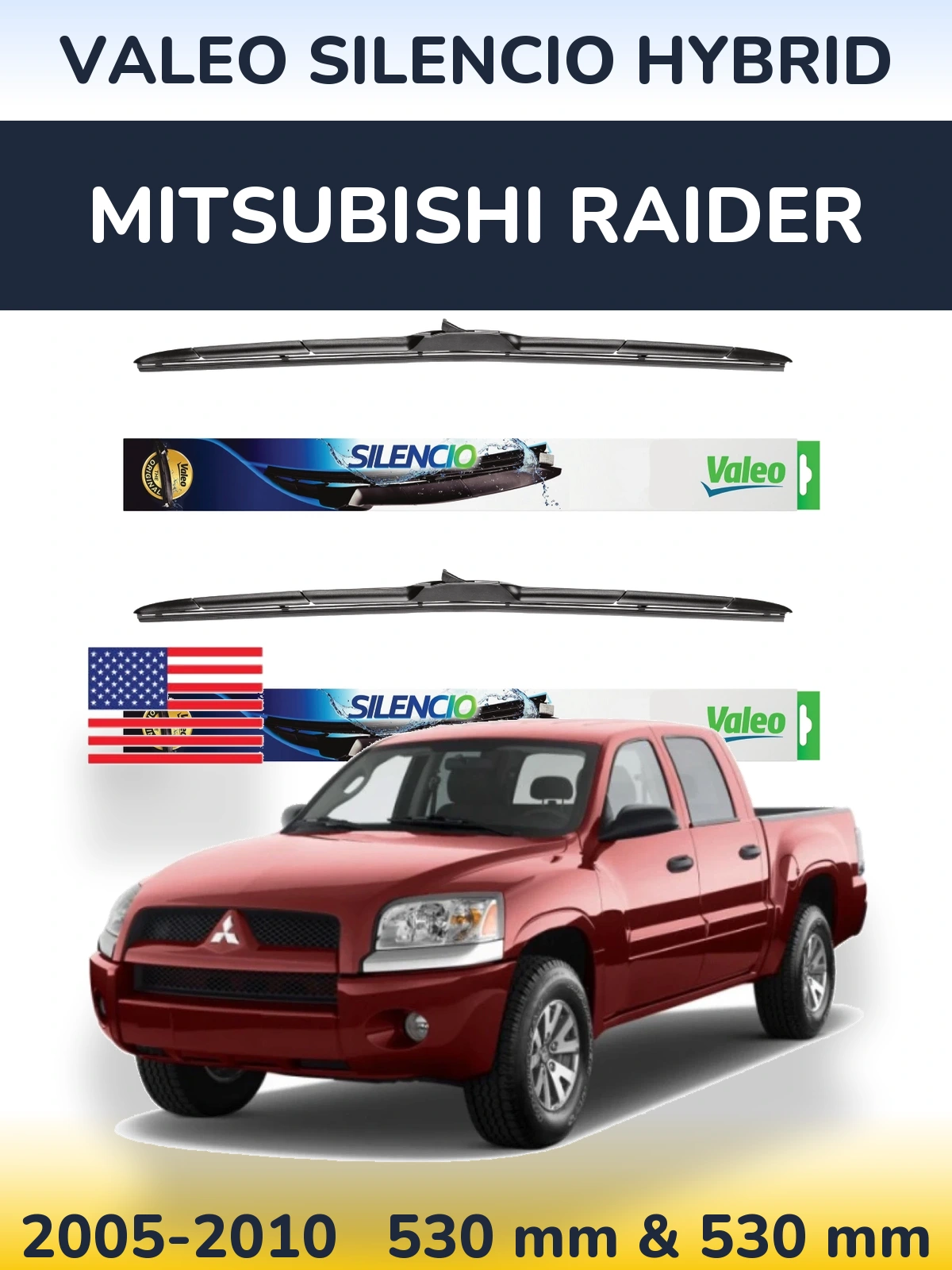 Sada předních stěračů Valeo Silencio Hybrid 530 a 530 mm pro Mitsubishi Raider 2005-2010