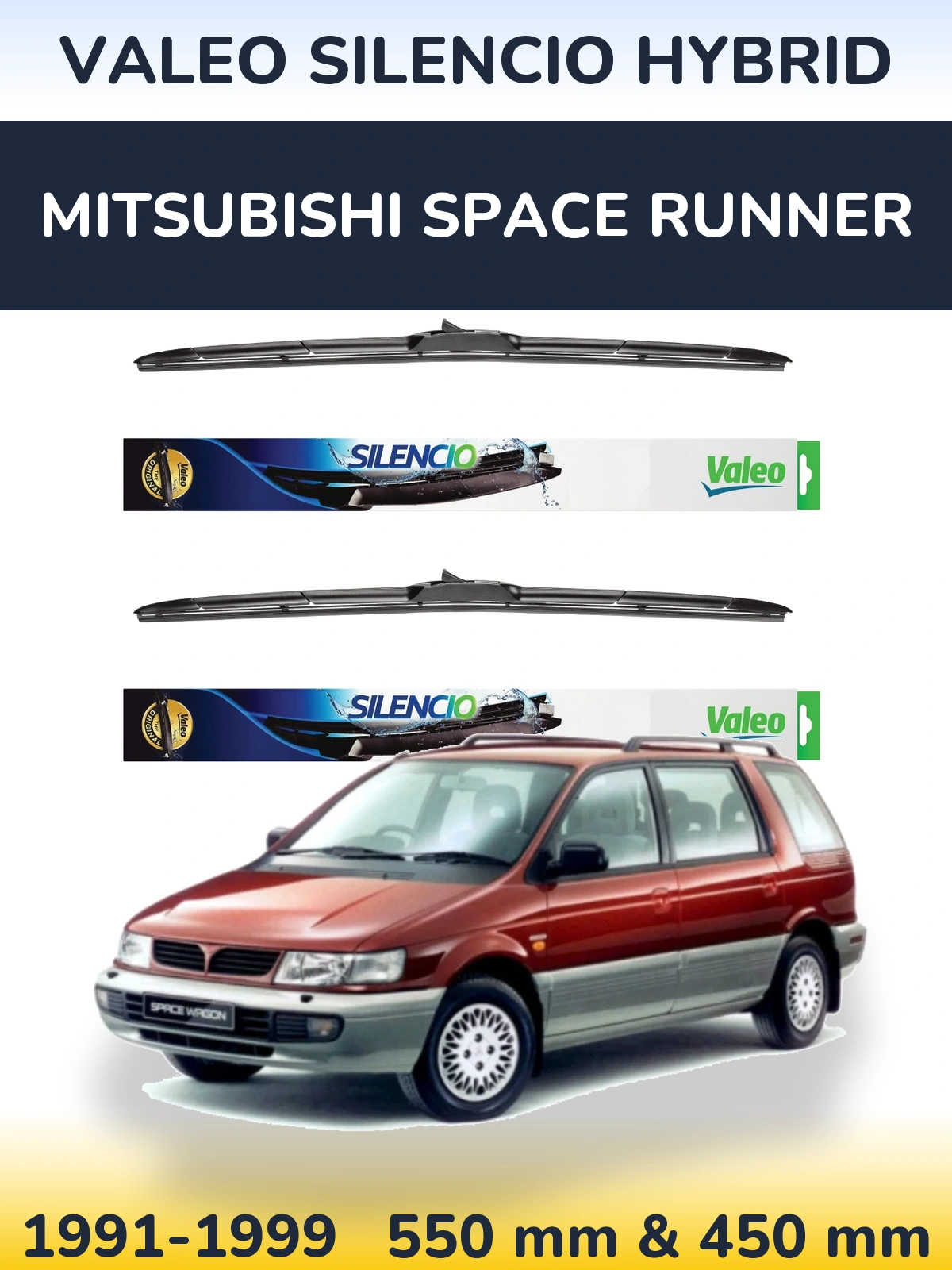 Sada předních stěračů Valeo Silencio Hybrid 550 a 450 mm pro Mitsubishi Space Runner 1991-1999