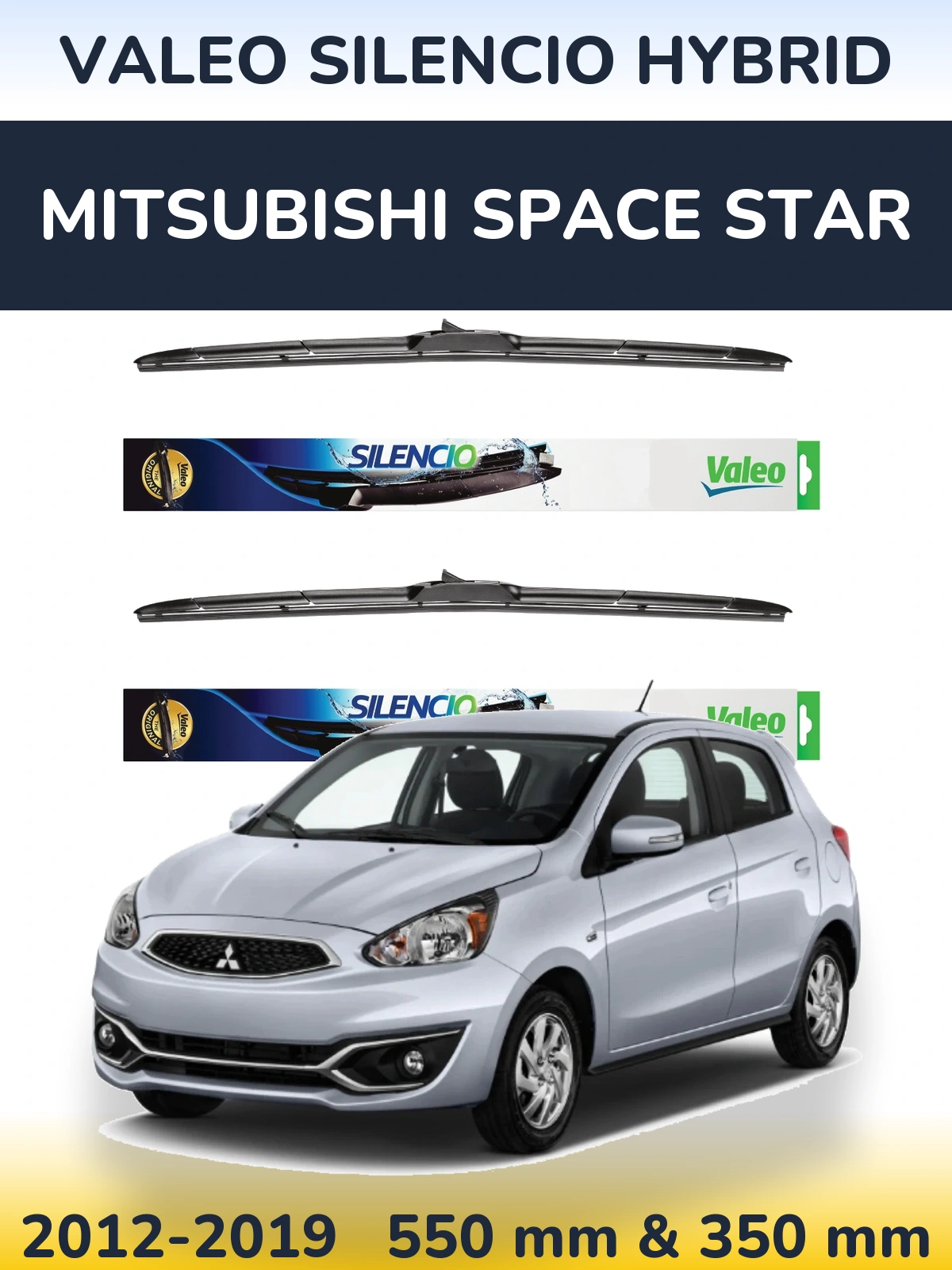 Sada předních stěračů Valeo Silencio Hybrid 550 a 350 mm pro Mitsubishi Space Star 2012-2019