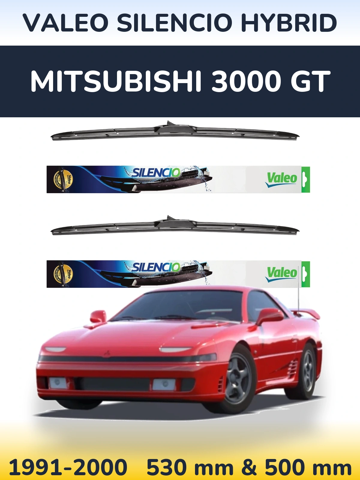 Sada předních stěračů Valeo Silencio Hybrid 530 a 500 mm pro Mitsubishi 3000 GT 1991-2000