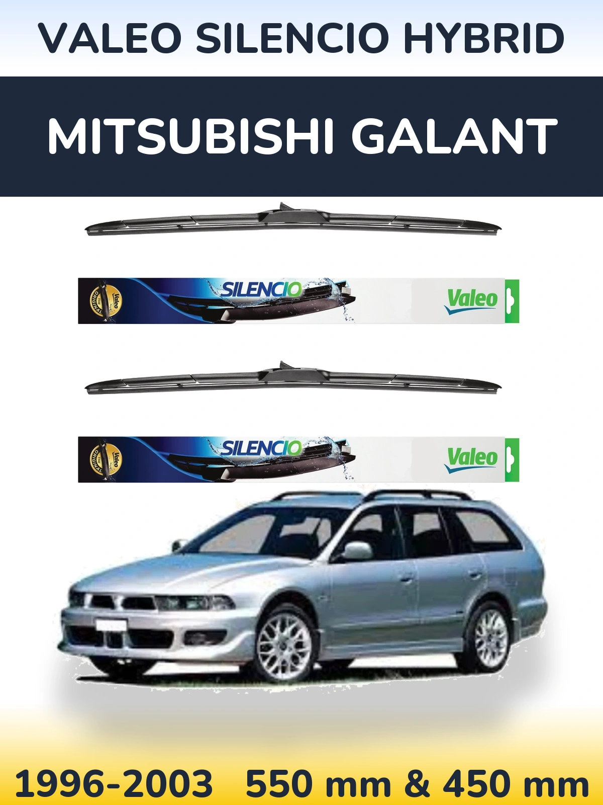 Sada předních stěračů Valeo Silencio Hybrid 550 a 450 mm pro Mitsubishi Galant 1996-2003