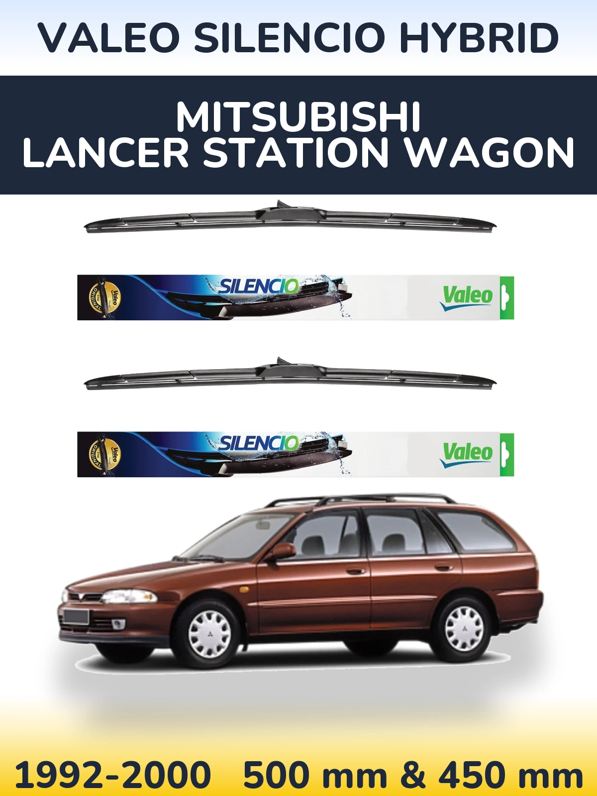 Sada předních stěračů Valeo Silencio Hybrid 500 a 450 mm pro Mitsubishi Lancer Station Wagon 1992-2000