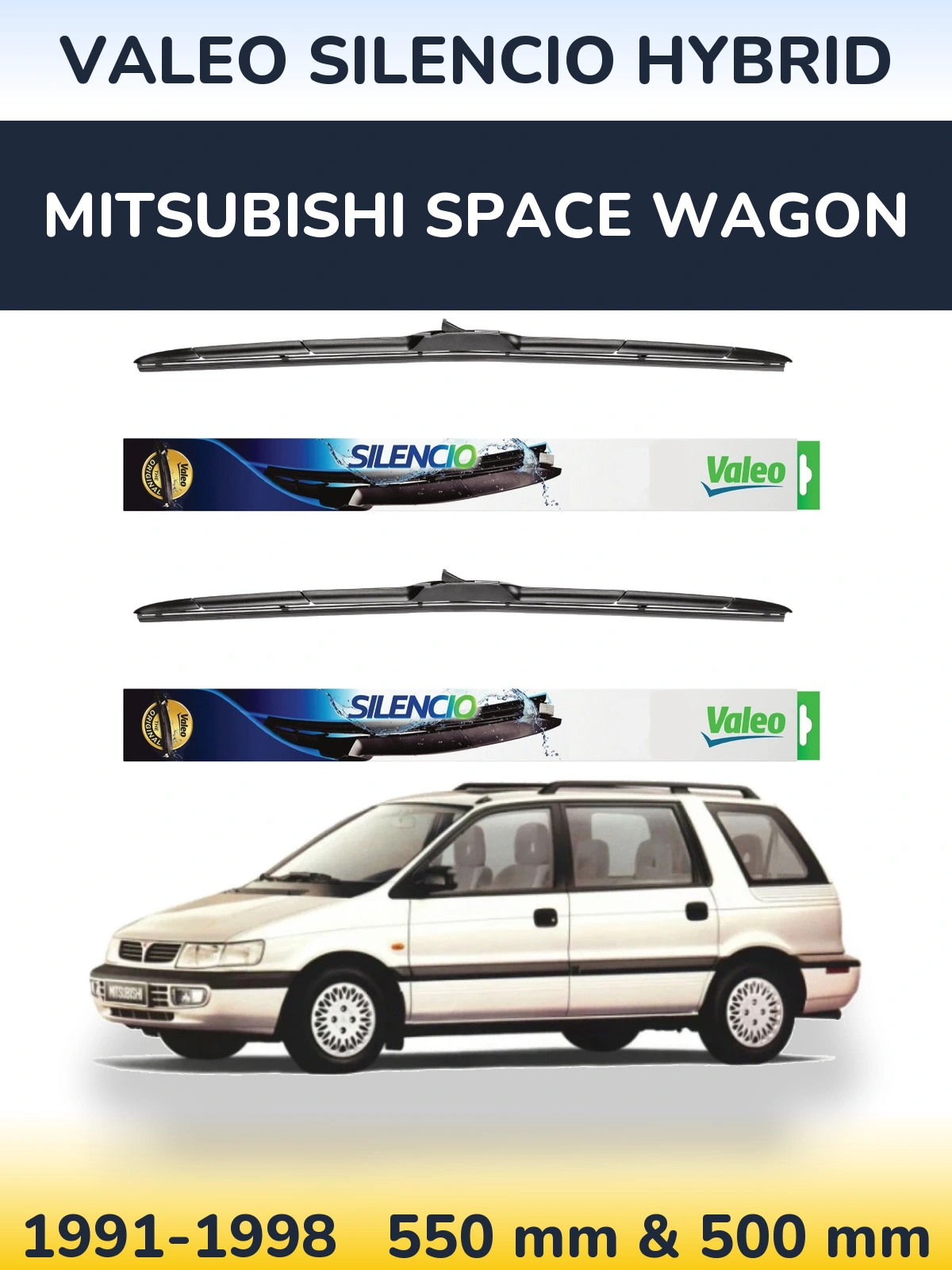 Sada předních stěračů Valeo Silencio Hybrid 550 a 500 mm pro Mitsubishi Space Wagon 1991-1998