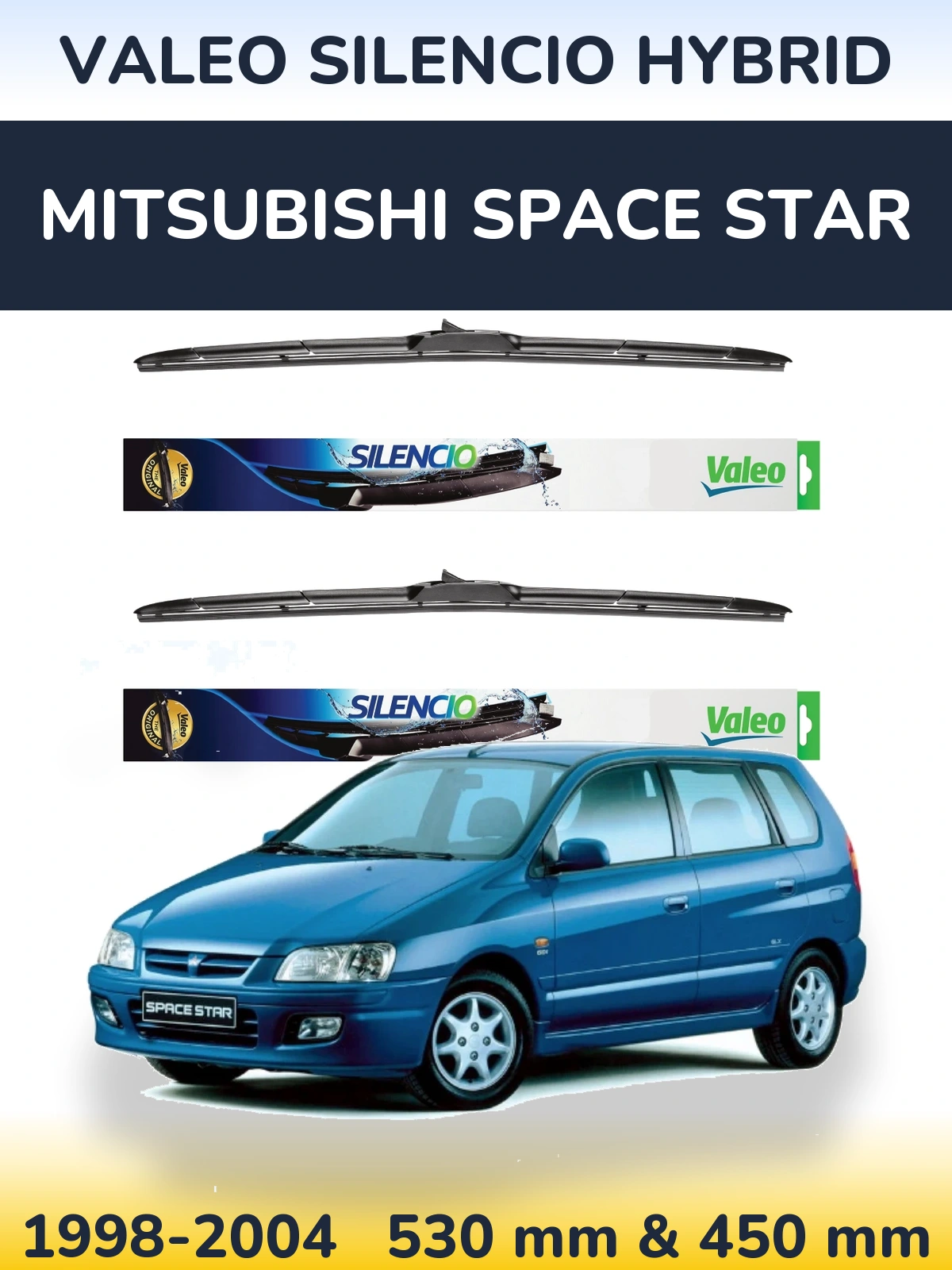 Sada předních stěračů Valeo Silencio Hybrid 530 a 450 mm pro Mitsubishi Space Star 1998-2004