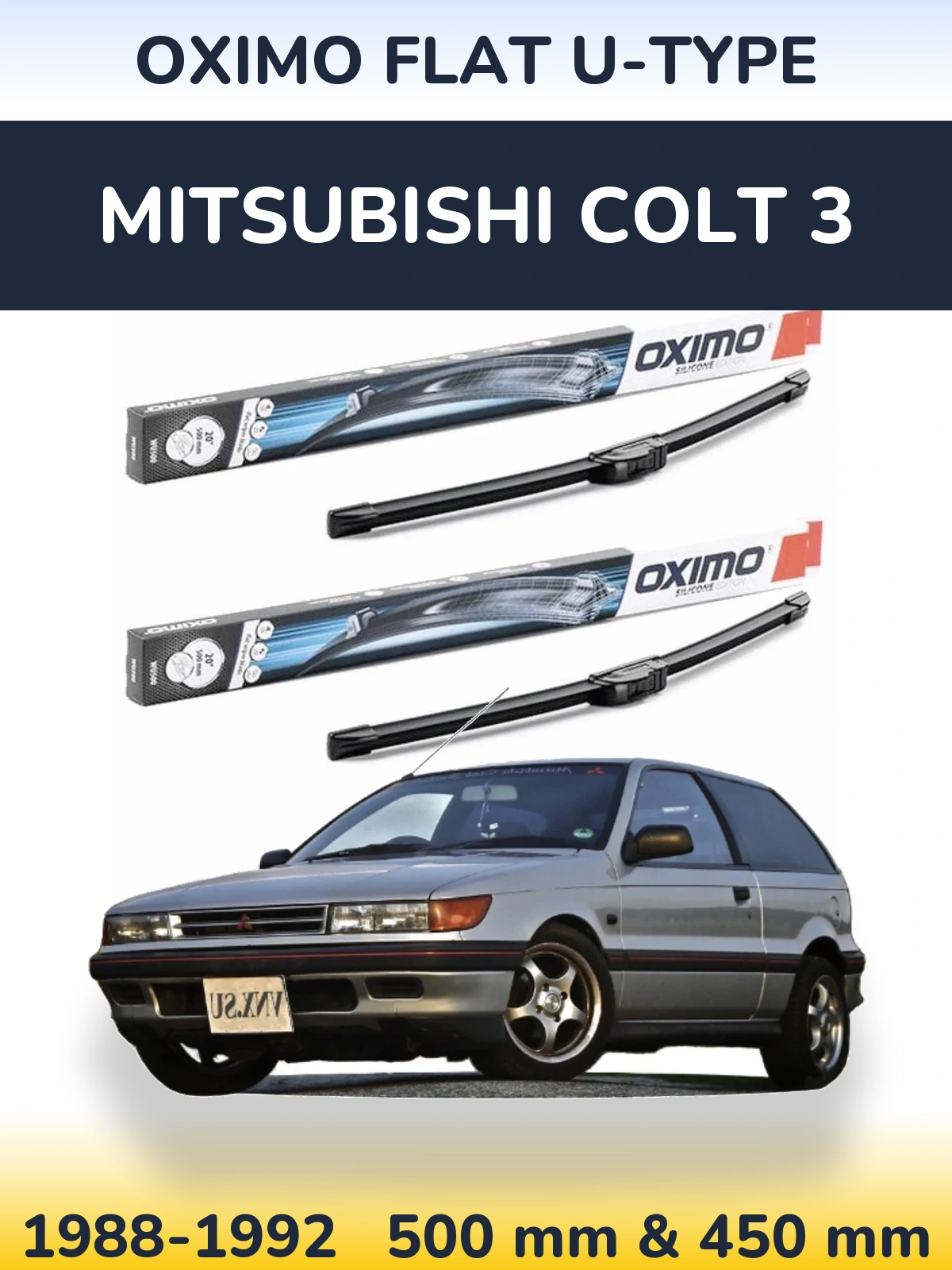 Sada předních stěračů Oximo Flat U-type 500 a 450 mm pro Mitsubishi Colt 3 1988-1992