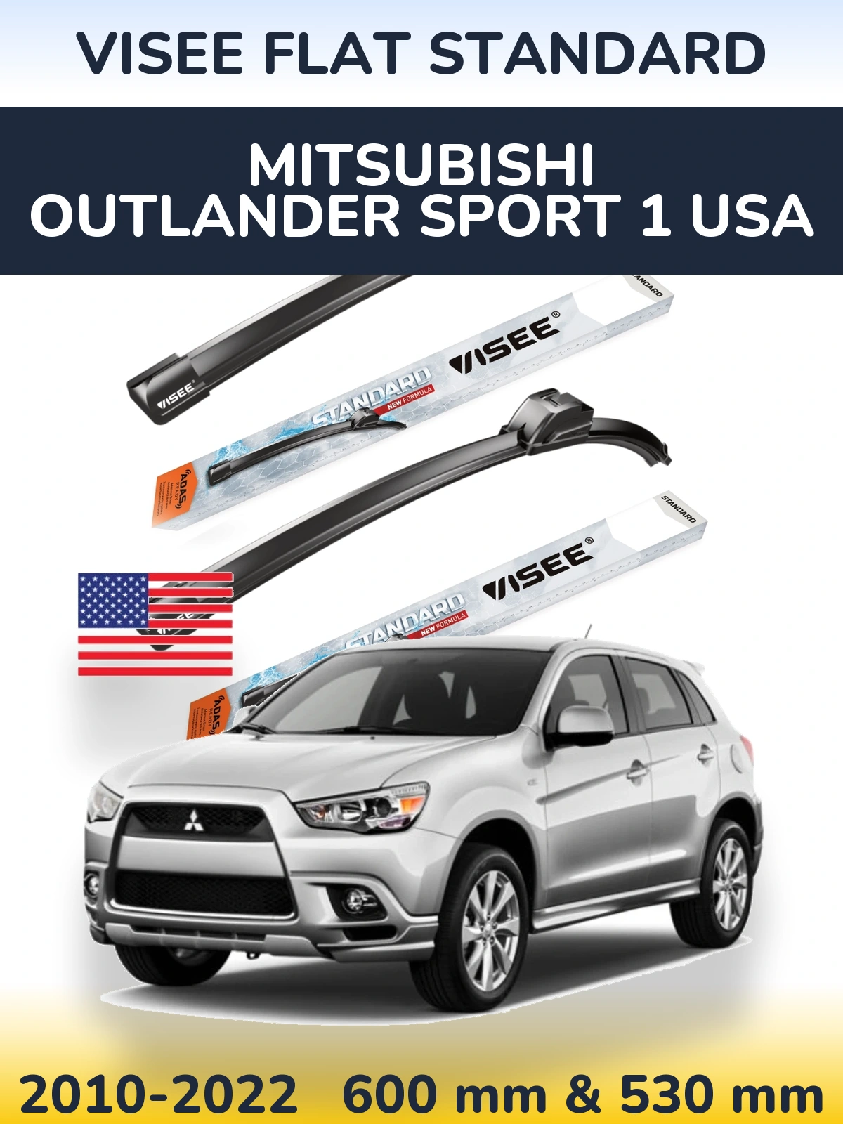 Комплект передніх щіток VISEE FLAT STANDARD 600 & 530 мм для Mitsubishi Outlander Sport 1 USA 2010-2022